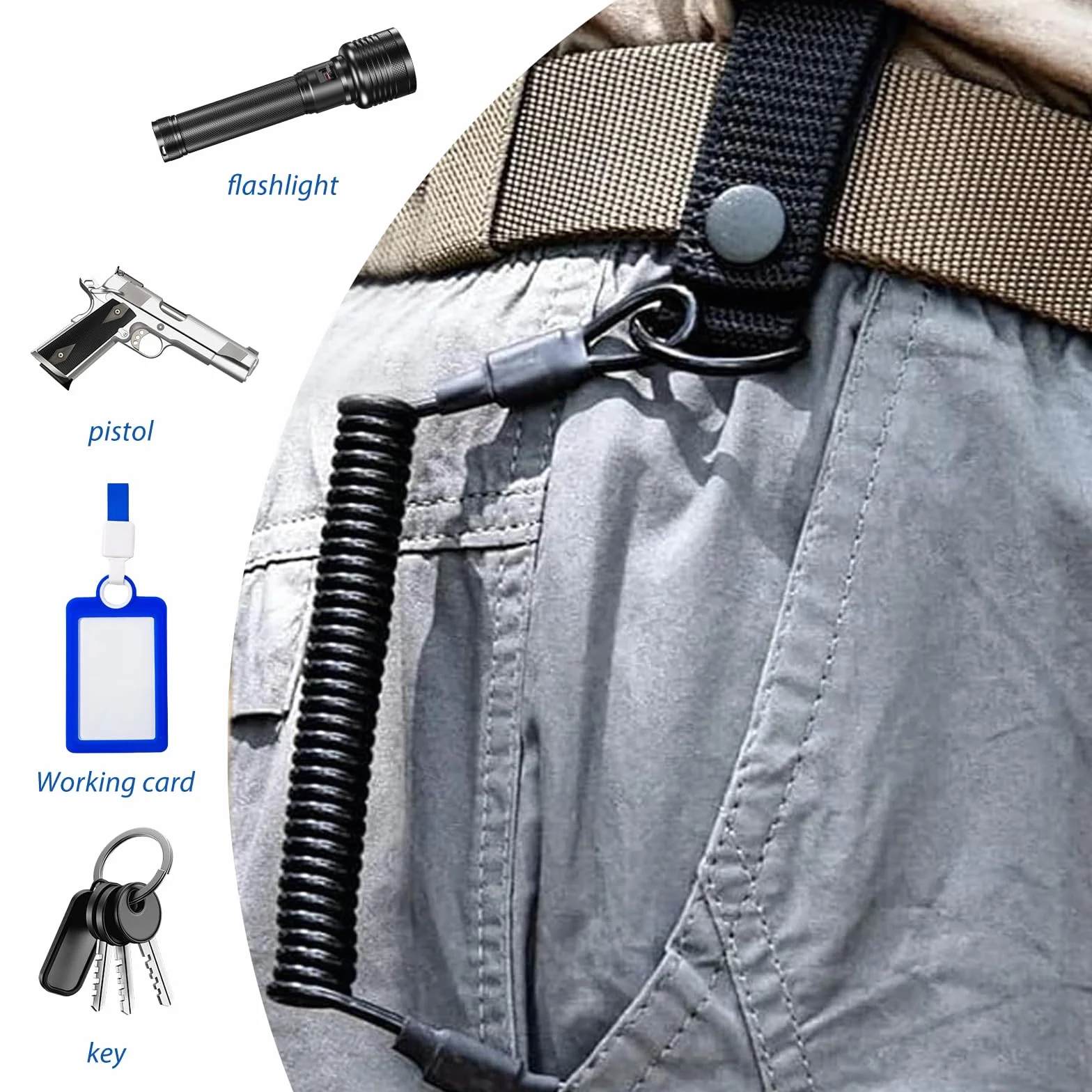 Paracord Tactical Lanyard – elastyczny kabel spiralny z karabińczykiem, spiralny kabel, breloczek do kluczy, elastyczny, karabińczyk do breloka, na kemping, wędrówki, wspinaczkę, wędkowanie na świeżym