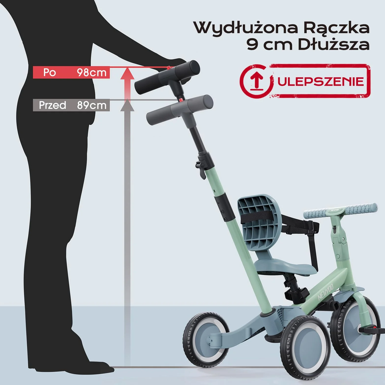 newyoo Trójkołowiec z rączką dla rodzica, dzieci 1-3 lat, rowerek biegowy, prezent urodzinowy i zabawka do jazdy, 5 w 1, rowerek z pasem bezpieczeństwa, Zielony, TR007
