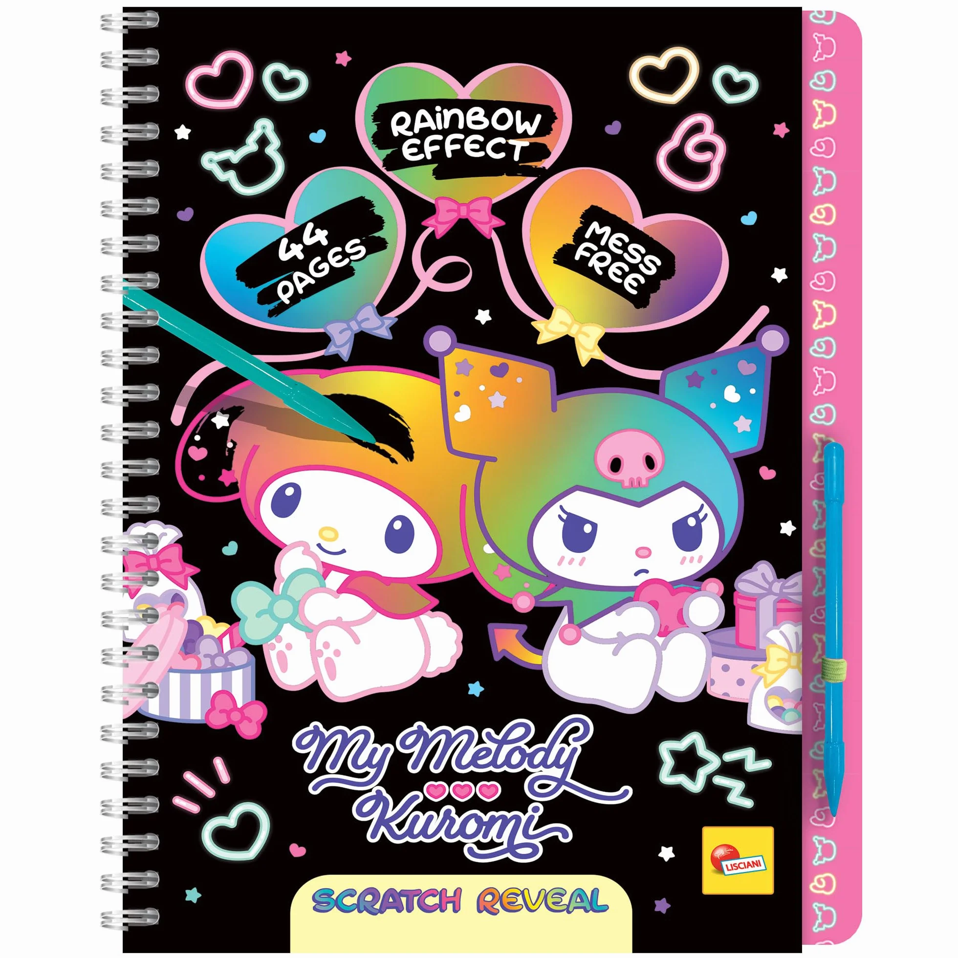 Lisciani MY MELODY & KUROMI album do zdrapywania Hello Kitty dla dzieci od 5 lat – Scratch Reveal z 44 stronami i ołówkiem, tęczowy efekt wielokolorowy – kreatywna aktywność bez bałaganu