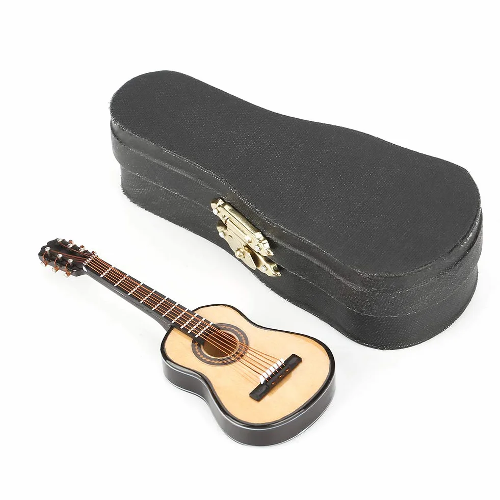 Qinlorgo Drewniana miniaturowa gitara ze stojakiem, miniaturowy drewniany model gitary ekspozycja mini ozdoby muzyczne rzemiosło dekoracja domu