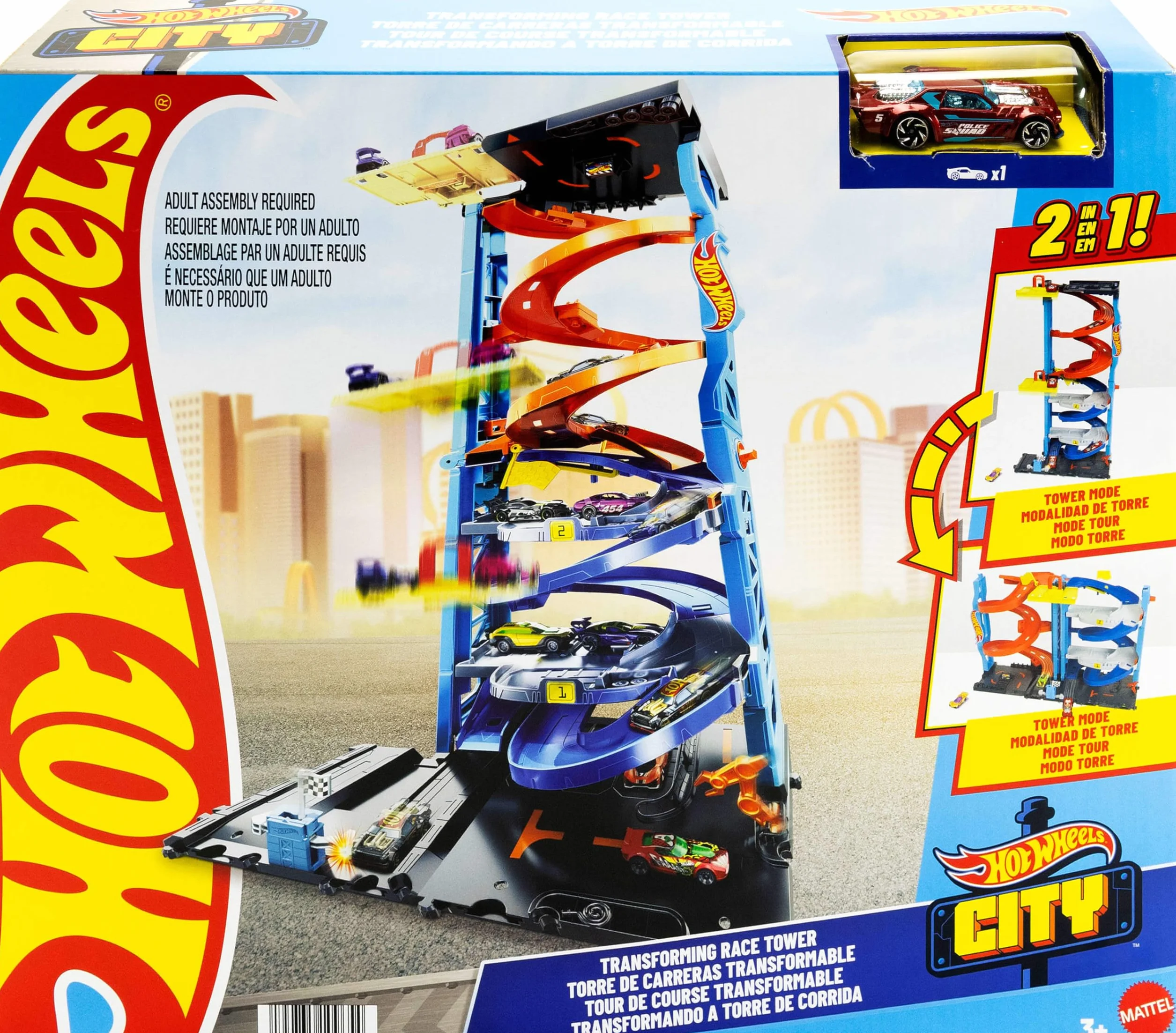 Hot Wheels City Wyścigowa wieża z transformacją Zestaw 2 w 1 z windą przekształcający się z pojedynczego wysokiego toru w podwójny HKX43