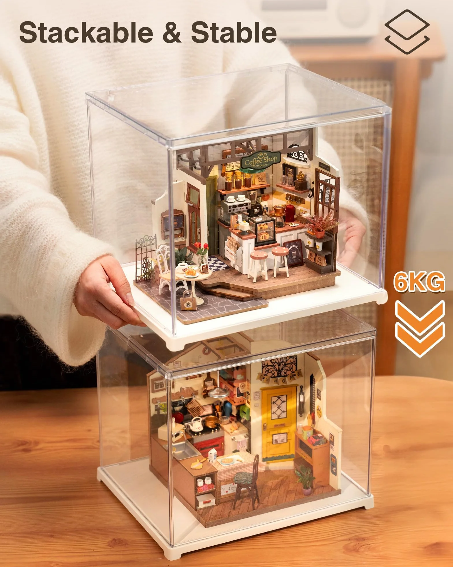 ROBOTIME Osłona przeciwpyłowa do miniaturowego zestawu domowego 27 x 22 x 22,5 cm, akrylowa gablota z możliwością układania w stos, z drzwiami, ochrona przed kurzem