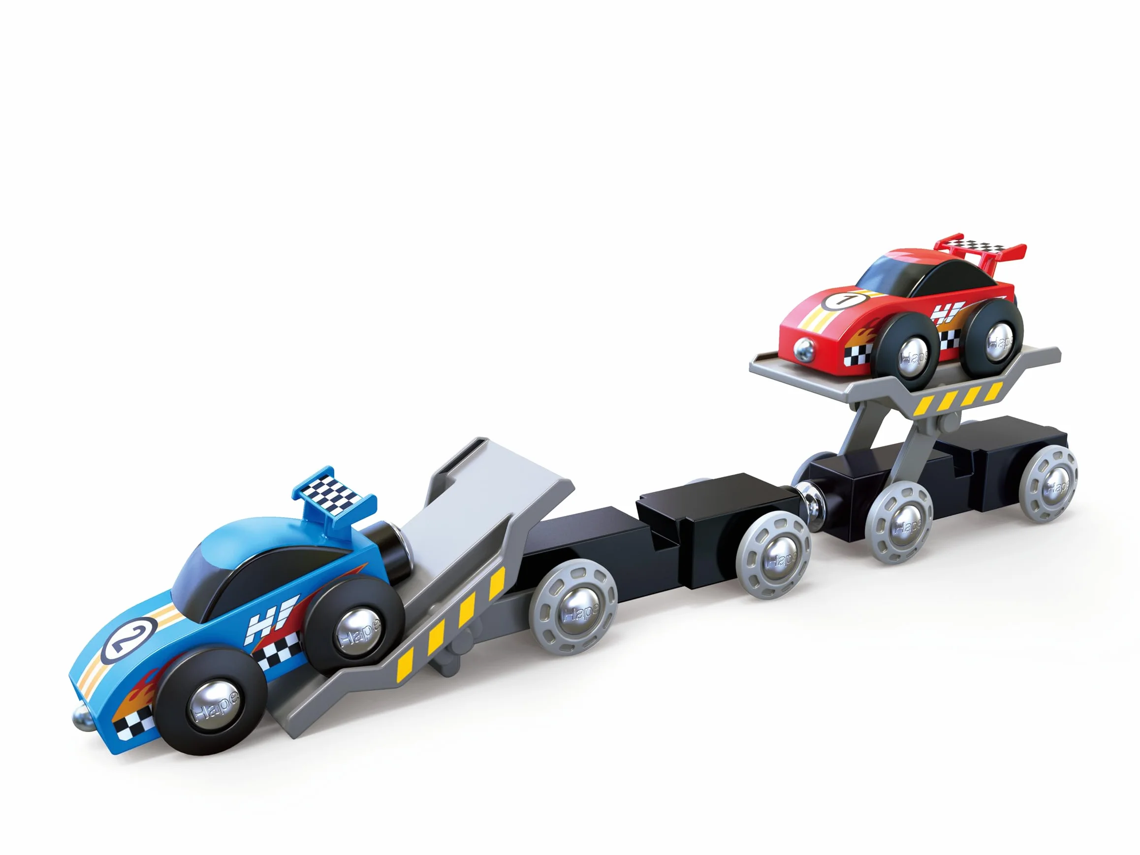 Hape E3735 Race Car Transporter Railway Engine - Wooden Train Track Accessories