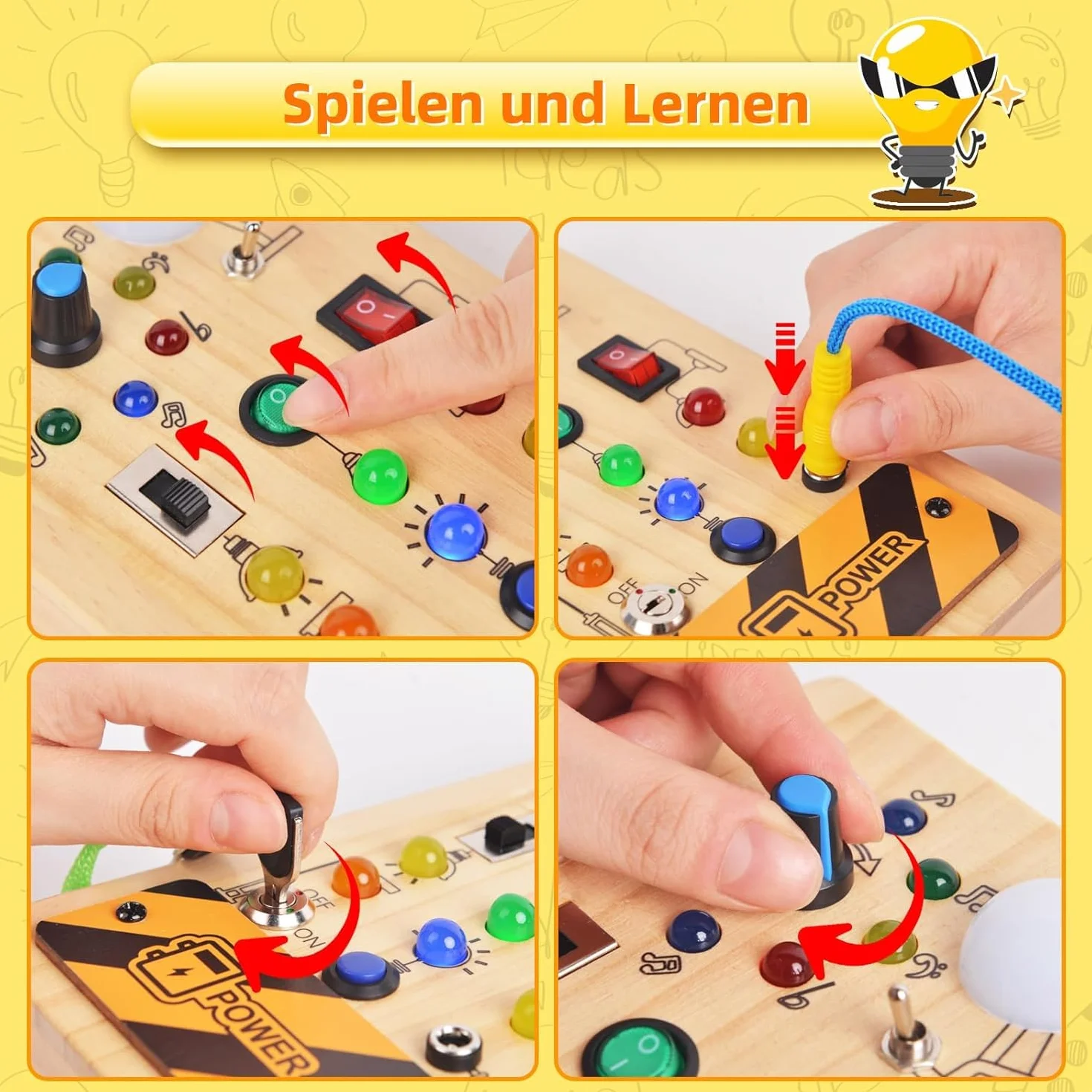 Montessori Toy Deska Rozdzielcza 1 2 3 4 lata, zabawka do nauki umiejętności motorycznych, 8 przełączników, 15 diod LED