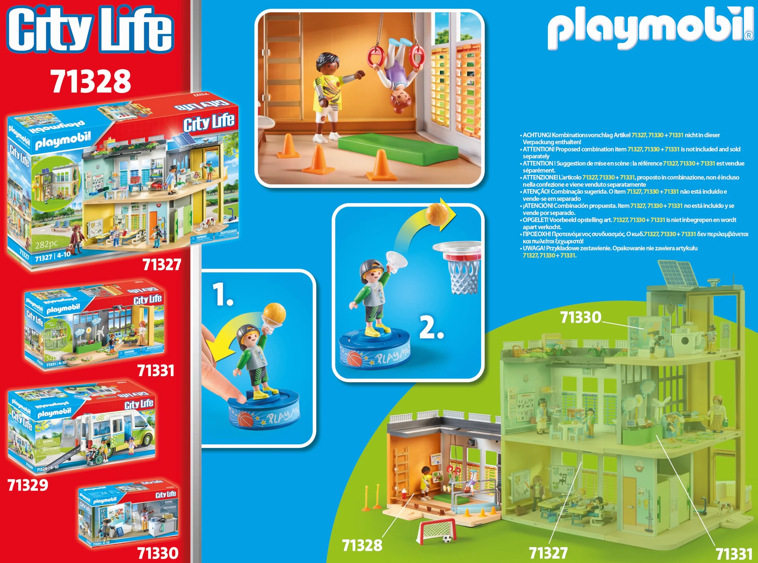 PLAYMOBIL City Life 71328 Rozbudowa "Hala sportowa" z obręczą do koszykówki, słupkami do slalomu, bramką do piłki nożnej, akcesoriami do tenisa i nie tylko, zabawki dla dzieci w wieku, od 4 lat