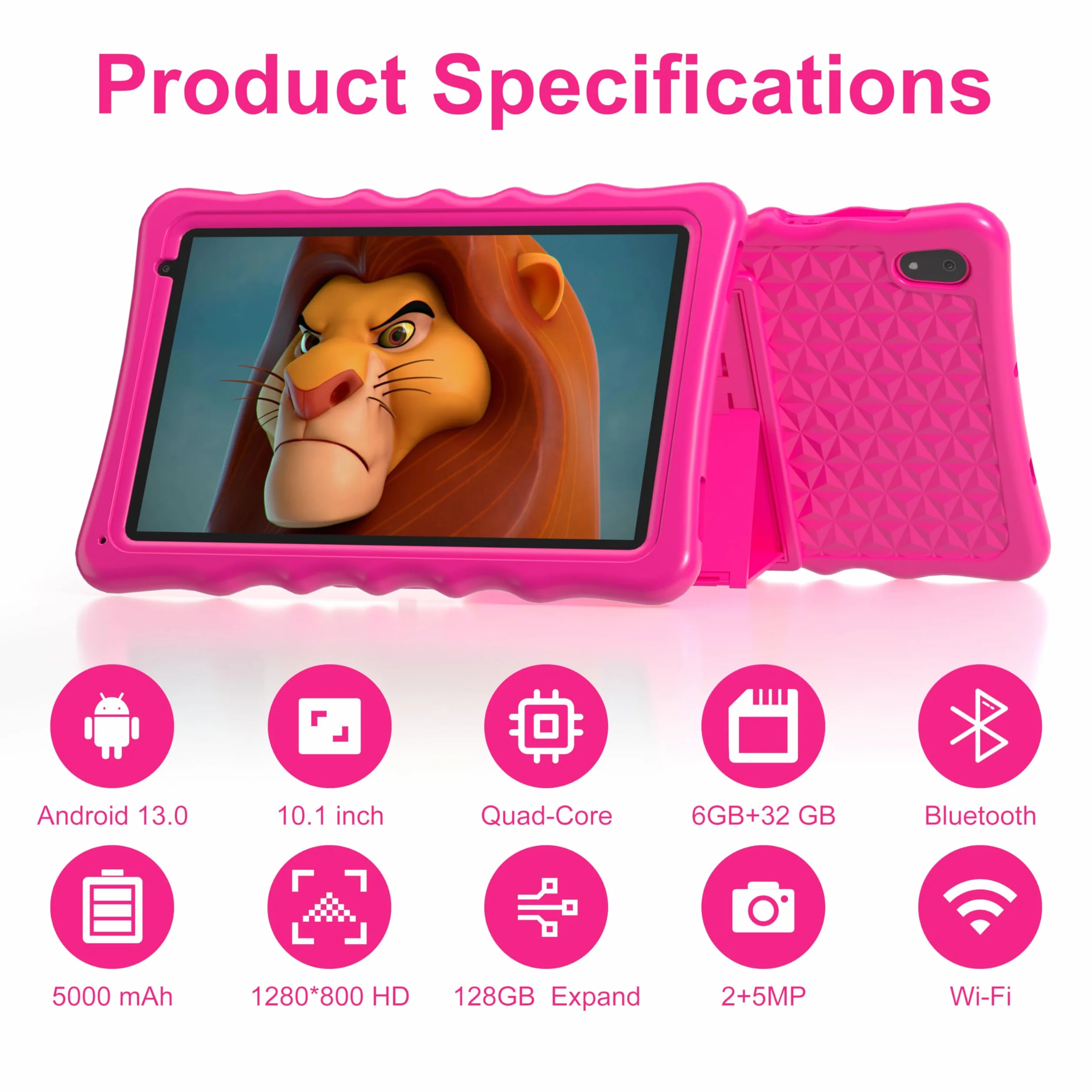 Tablet dla dzieci, tablety dla małych dzieci z odpornym na wstrząsy etui ochronnym, kontrola rodzicielska, podwójny aparat, Bluetooth, WiFi, 10,1-calowy tablet z systemem Android 13 dla dzieci