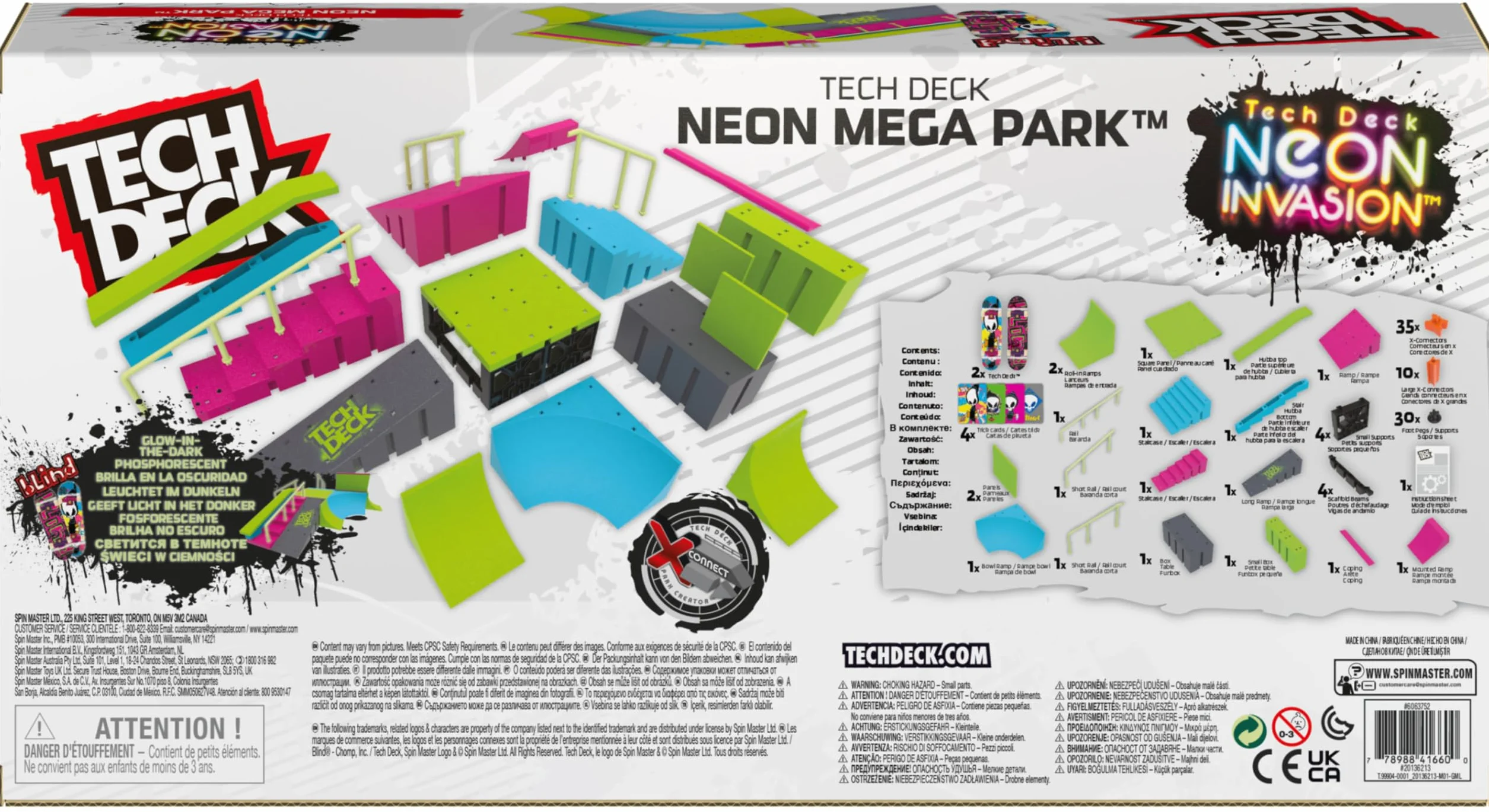 Tech Deck, Neon Mega Park X-Connect Creator, Glow-In-The-Dark zestaw ramp z dwoma palcami, zabawka dla dzieci w wieku 6 lat i więcej