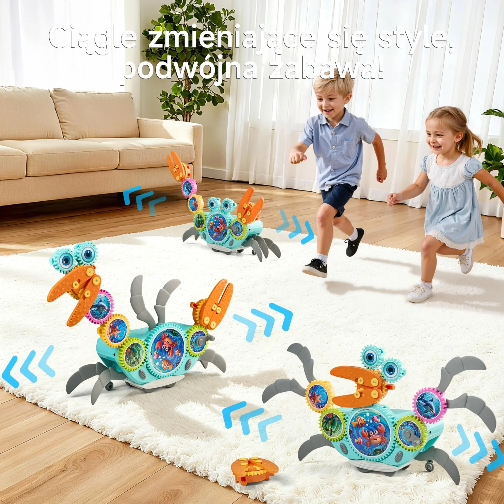Klocki zębate krab, kreatywna zabawka konstrukcyjna z ruchem bocznym, muzyką i światłem, Montessori sensoryczna edukacyjna z wykrywaniem przeszkód, dla dzieci od 3 lat