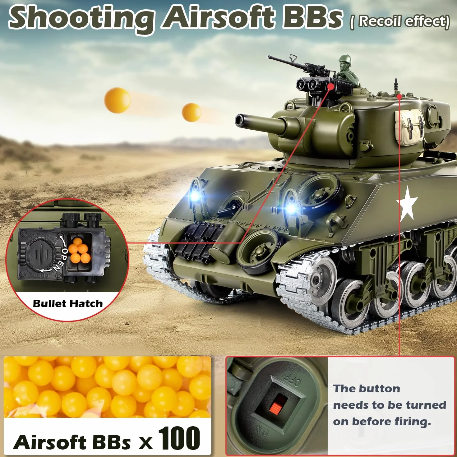 Supdex Czołg RC, 1:18 metalowy M4A3 Sherman, amerykański czołg zdalnie sterowany z II wojny światowej, model wojskowy, który strzela kulkami BB, wojskowy pojazd RC 2,4 GHz z dymem, światłami