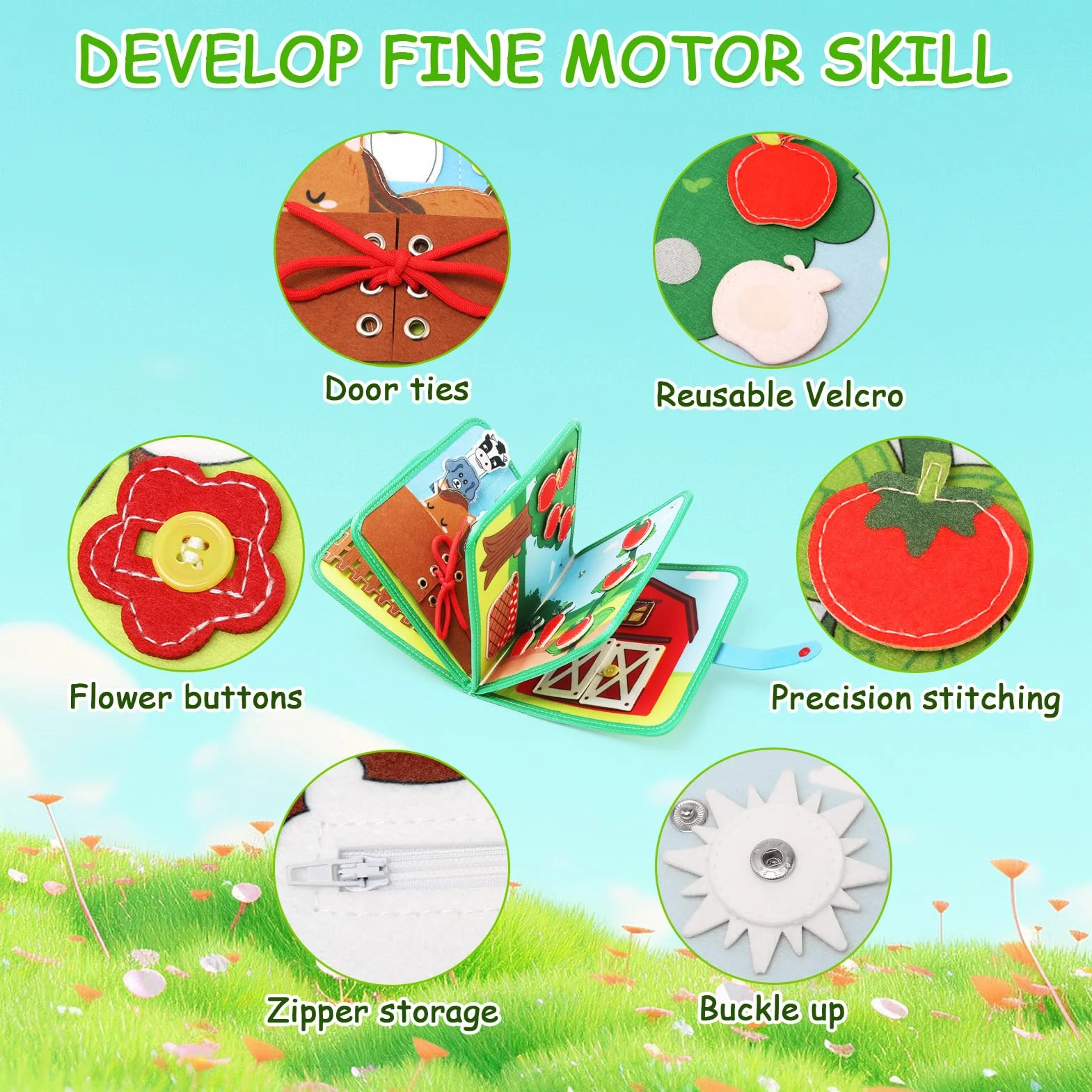 LEADSTAR Quiet Book Montessori zabawka dla małych dzieci, 18 w 1, z motywem gospodarstwa, sensoryczna książeczka Busy Book do podróży, samochodu, samolotu, motoryki precyzyjnej, zabawka Montessori od