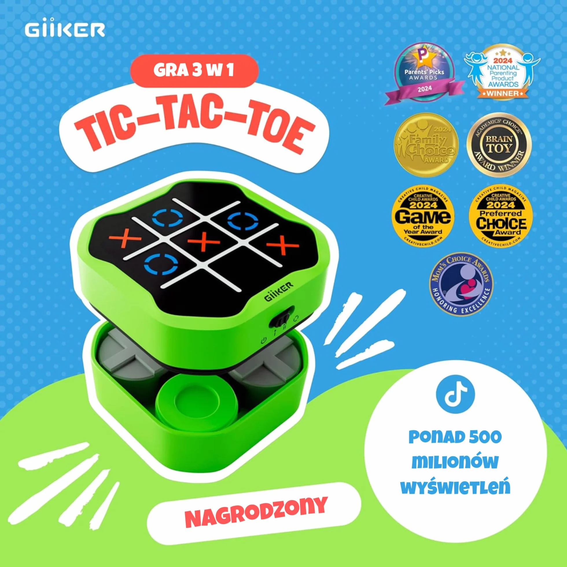 GiiKER Tic Tac Toe Bolt Game, przenośna konsola do gier logicznych 3 w 1, przenośne gry podróżne dla edukacji i rozwoju pamięci, prezenty urodzinowe dla wszystkich grup wiekowych (zielony)