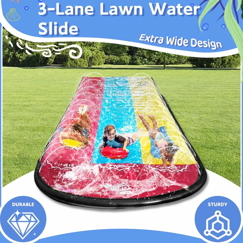Zjeżdżalnia ogrodowa dla dzieci, 480 x 210 cm, Slide Triple z 3 bodyboardami, 5 łatkami naprawczymi, potrójna zjeżdżalnia ogrodowa na lato, do zabawy na świeżym powietrzu w ogrodzie, dla dzieci