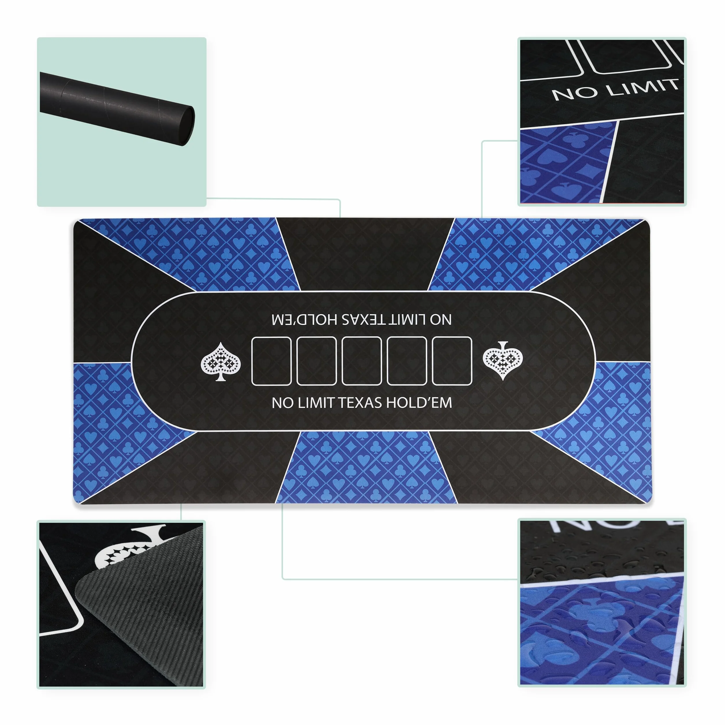 Relaxdays Texas Hold'em, mata do pokera, 120 x 60 cm, antypoślizgowa, wodoodporna, dywan do pokera z rękawami, 10 graczy, niebieski/czarny