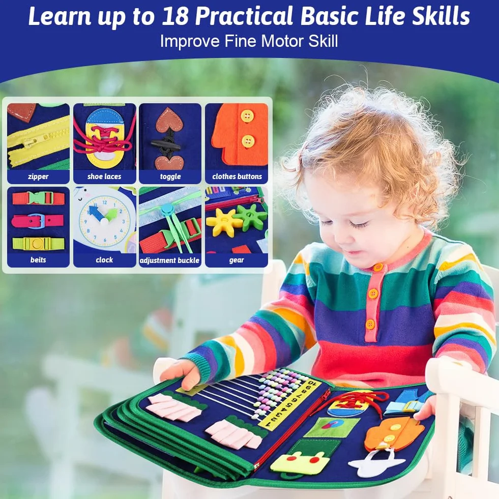 Busy Board Montessori zabawka edukacyjna dla dzieci 1, 2, 3, 4 lata, 10 w 1, zabawki edukacyjne, zabawki rozwojowe, zabawki podróżne dla dzieci, prezent dla chłopca, dziewczynki, niebieska