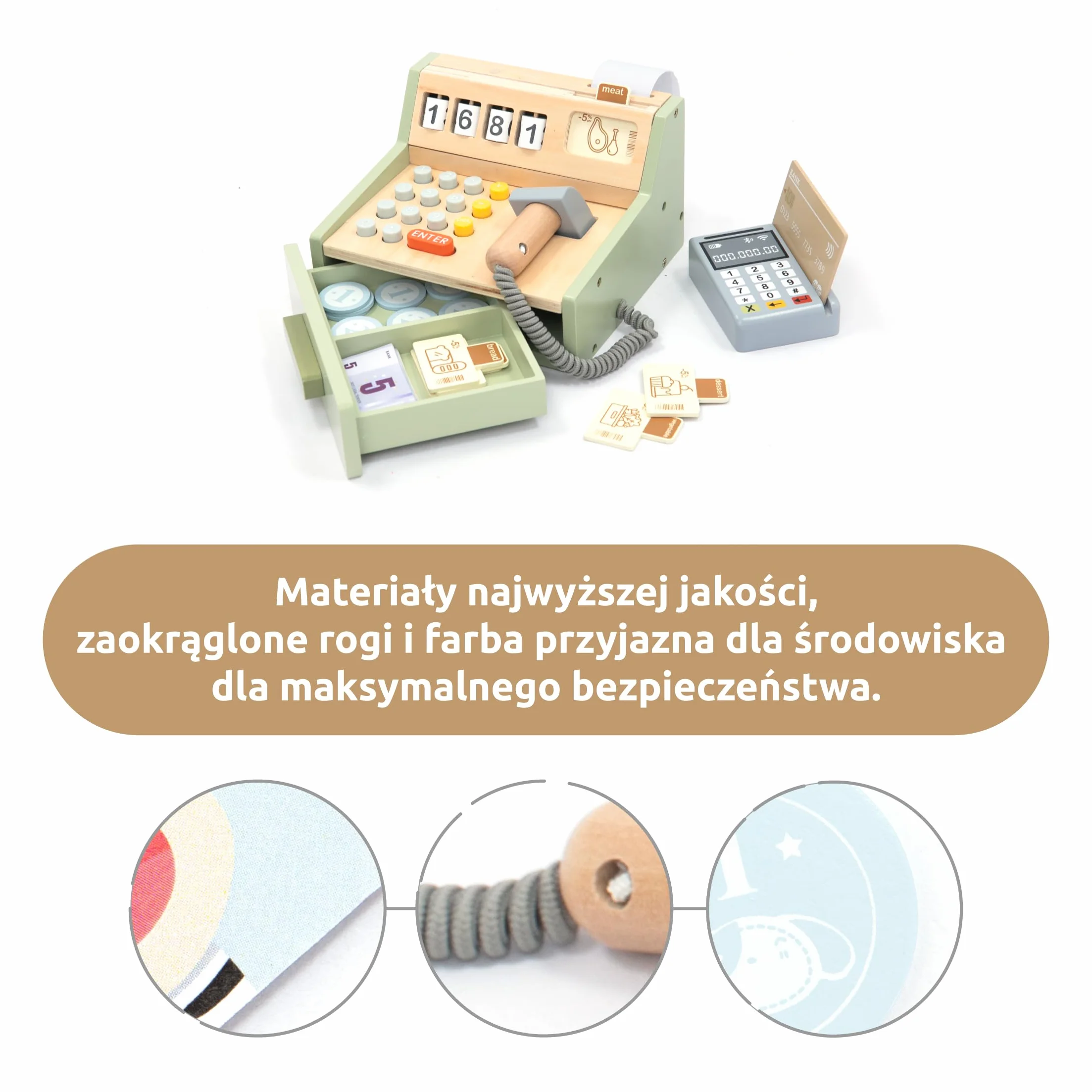 umu Kasa dziecięca z drewna – w zestawie akcesoria (skaner, terminal płatniczy, pieniądze do gry itd.), sklepy i akcesoria do odgrywania ról, kasa dla dzieci od 3, 4, 5, 6 lat