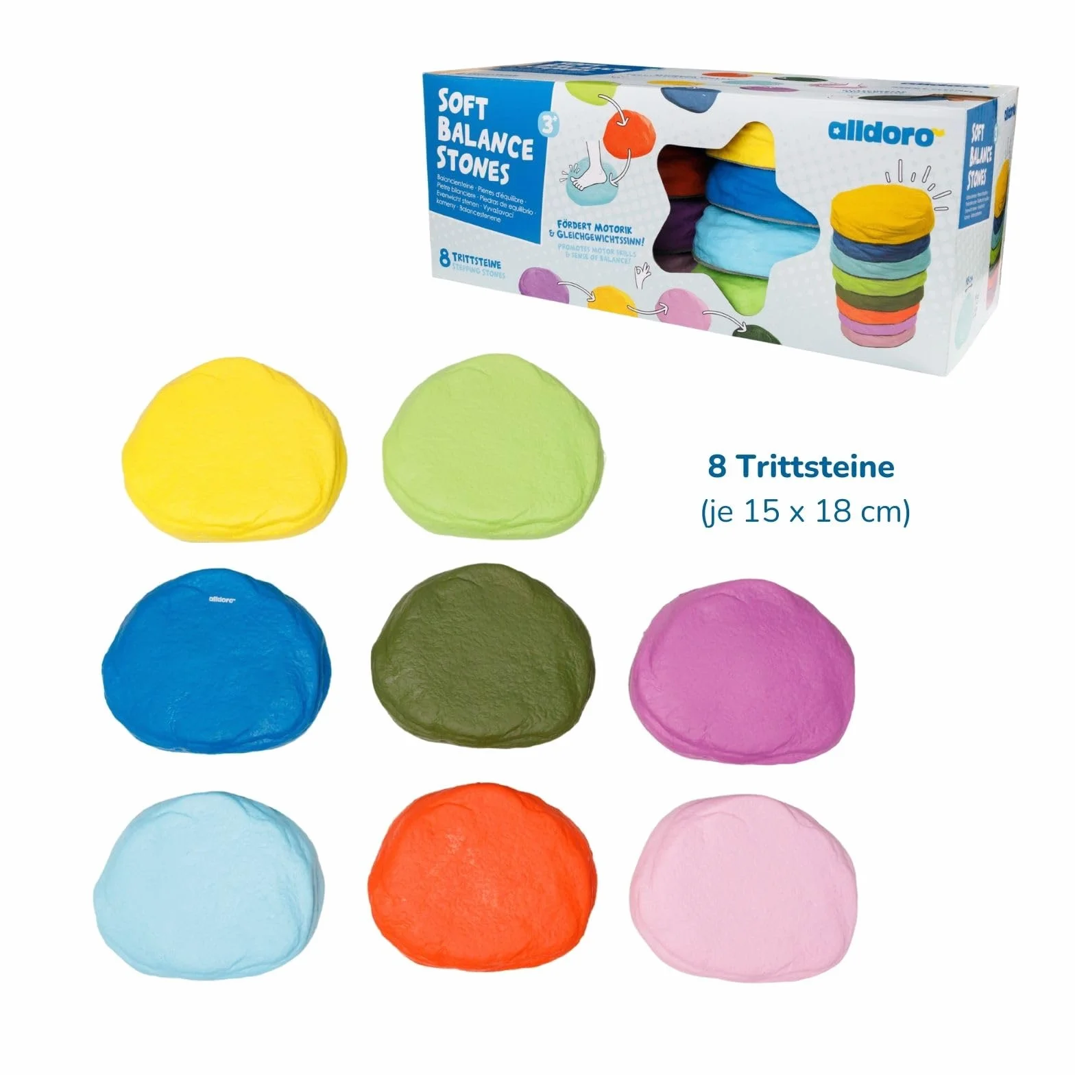 alldoro 60800 Soft Balancer kamienie – 8 kamieni z elastycznej pianki dla dzieci od 3 lat, każdy 18 x 15 cm, kolorowy