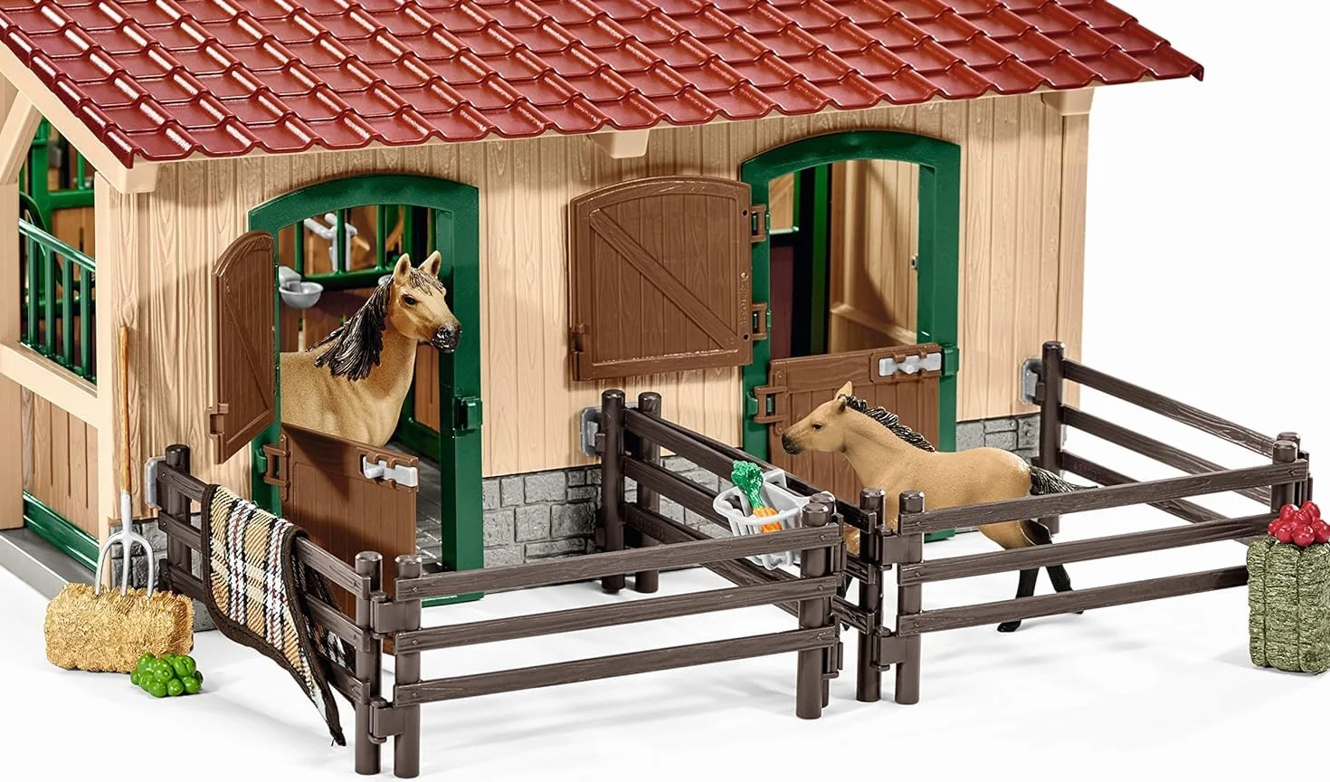 schleich FARM WORLD | Stajnia z końmi i akcesoriami 42195 | Zestaw ze stajnią, padokiem, 2 końmi, figurką dziewczynki i akcesoriami | Zabawka farma od 3 lat | 96 elementów | Ekskluzywnie na Amazon