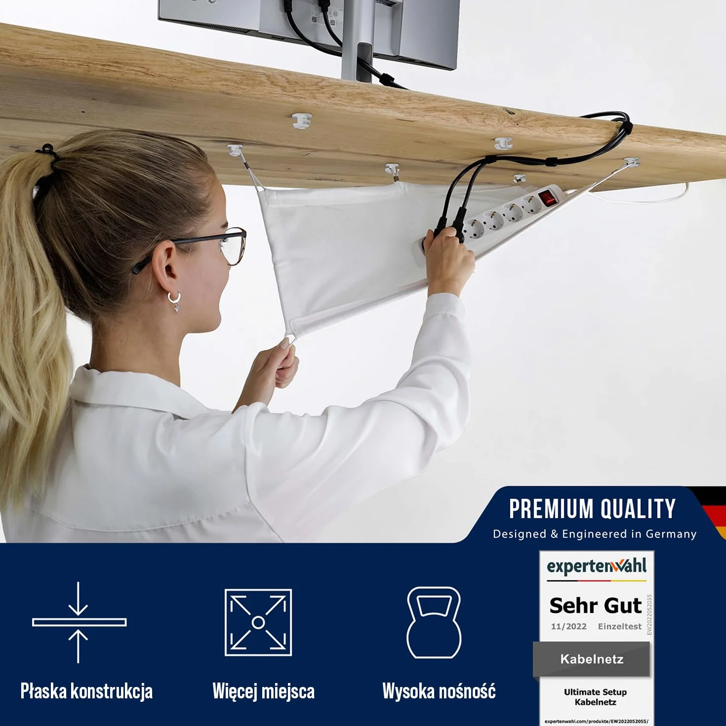 Korytko kablowe pod biurko - elastyczne zarządzanie kablami pod biurkiem białe - wreszcie porządek na biurku - siatka kablowa biała do zarządzania kablami pod biurkiem - Ultimate Setup