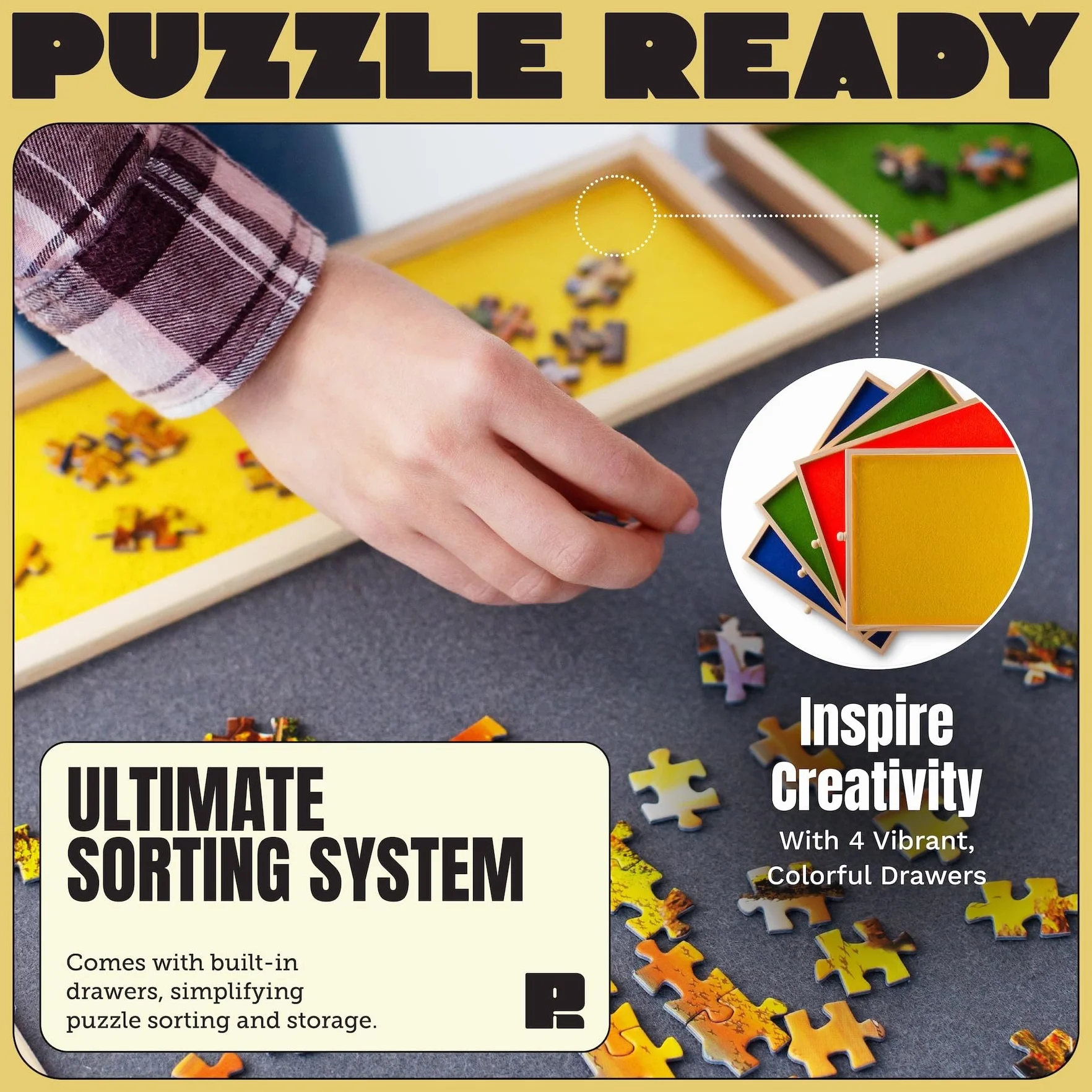 Gotowa do użycia deska z kolorowymi szufladami i matą na okładkę drewnianą deskę do puzzli 24" X 30" Puzzle 1000/1500 elementów Przenośny organizer do puzzli (1000)
