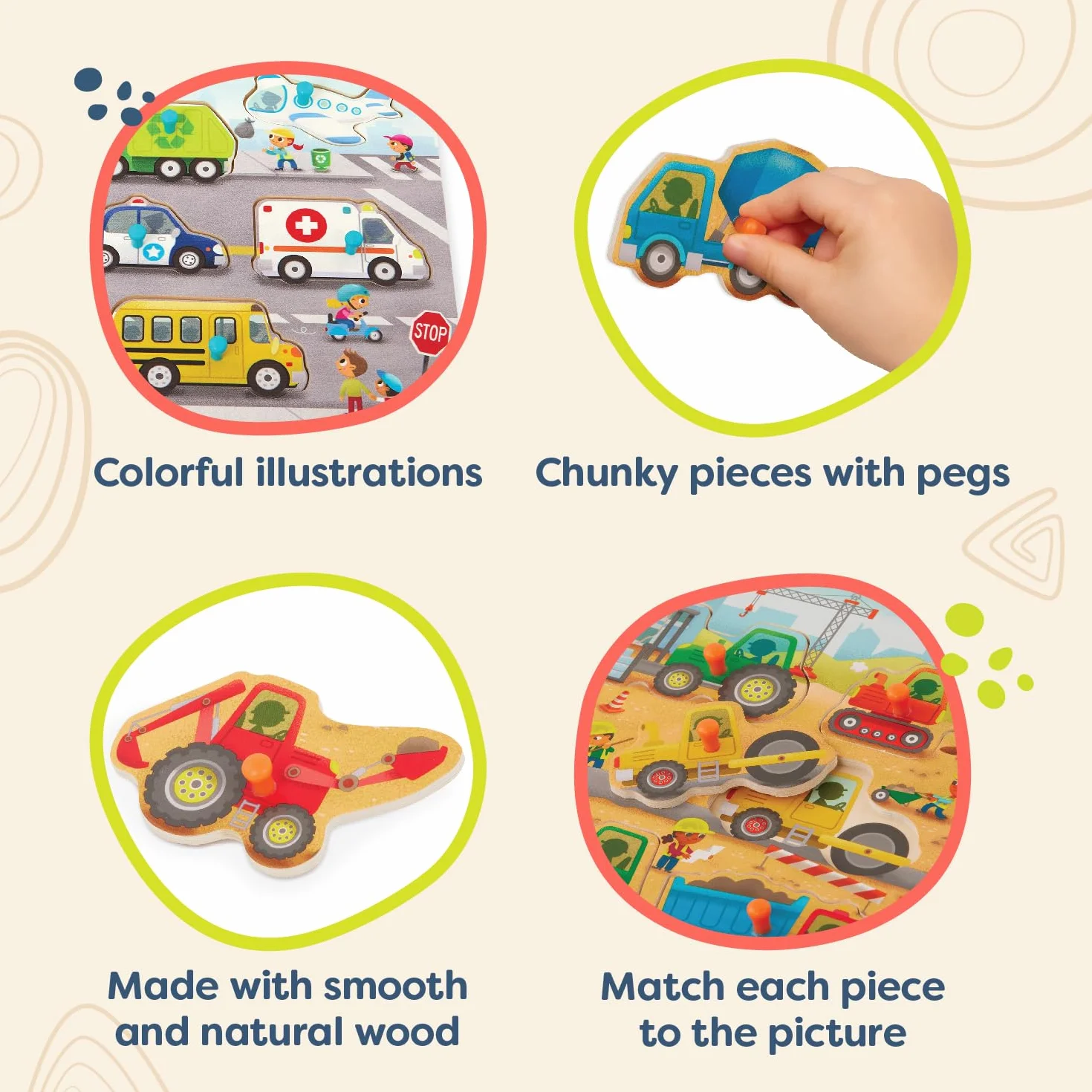 B. toys Drewniany Peg 8-częściowy zestaw puzzli dla maluchów – samochody, 2 lata + Peek & Explore Construction Trucks & Vehicles
