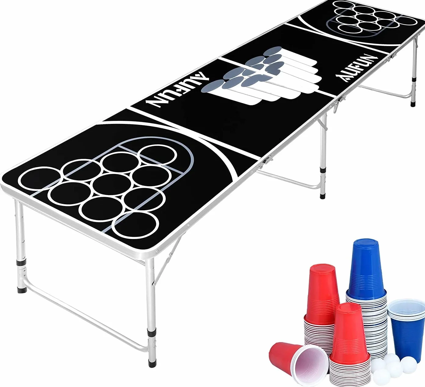 NW Beer Pong składany stół wraz z 100 kubkami (50 czerwonych i 50 niebieskich), 5 piłek, stół do ponga piwnego z regulacją wysokości, do gier imprezowych, gier do picia