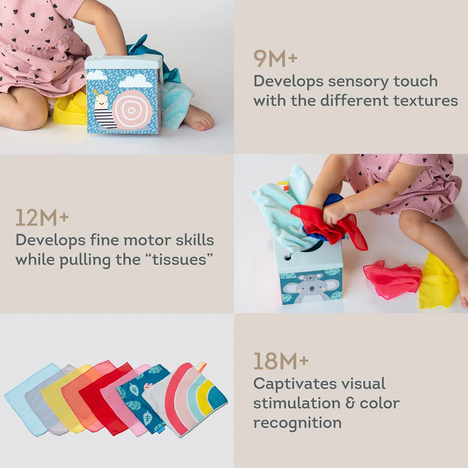 Taf Toys Sensory Wonder Tissue Box For Infants & Toddlers, Colourful Pull Scarves and Koala Daydream Crinkling Blankies For Educational Preschool Learning & Development