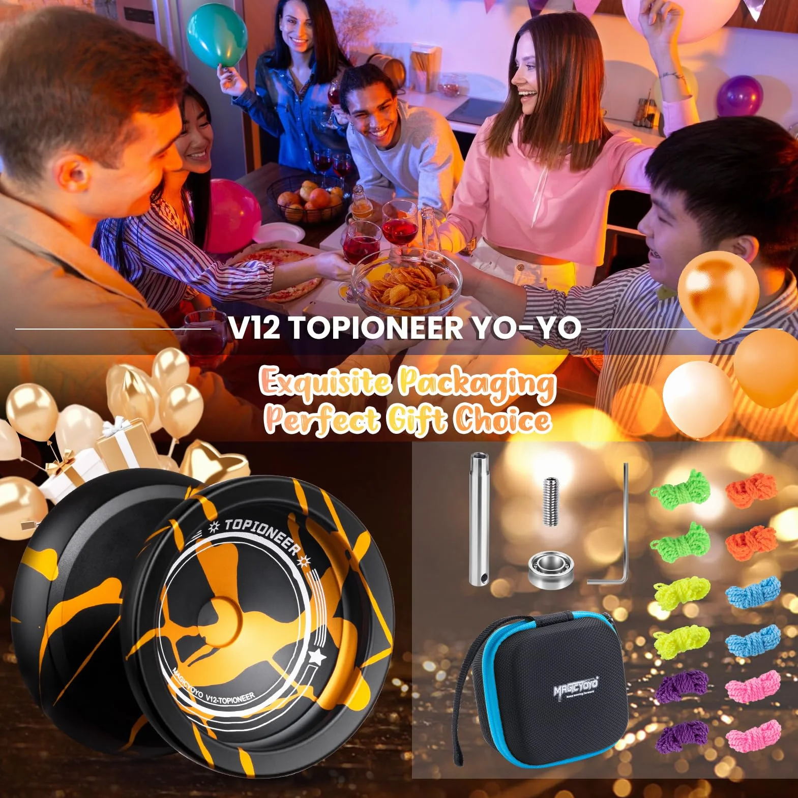 MAGICYOYO V12 Profi JoJo Spin Yoyo dla początkujących i zaawansowanych, podwójny metalowy JoJo responsywny i niereagowalny, wytrzymały stop aluminium Trick-JoJo, w zestawie zestaw Yoyo