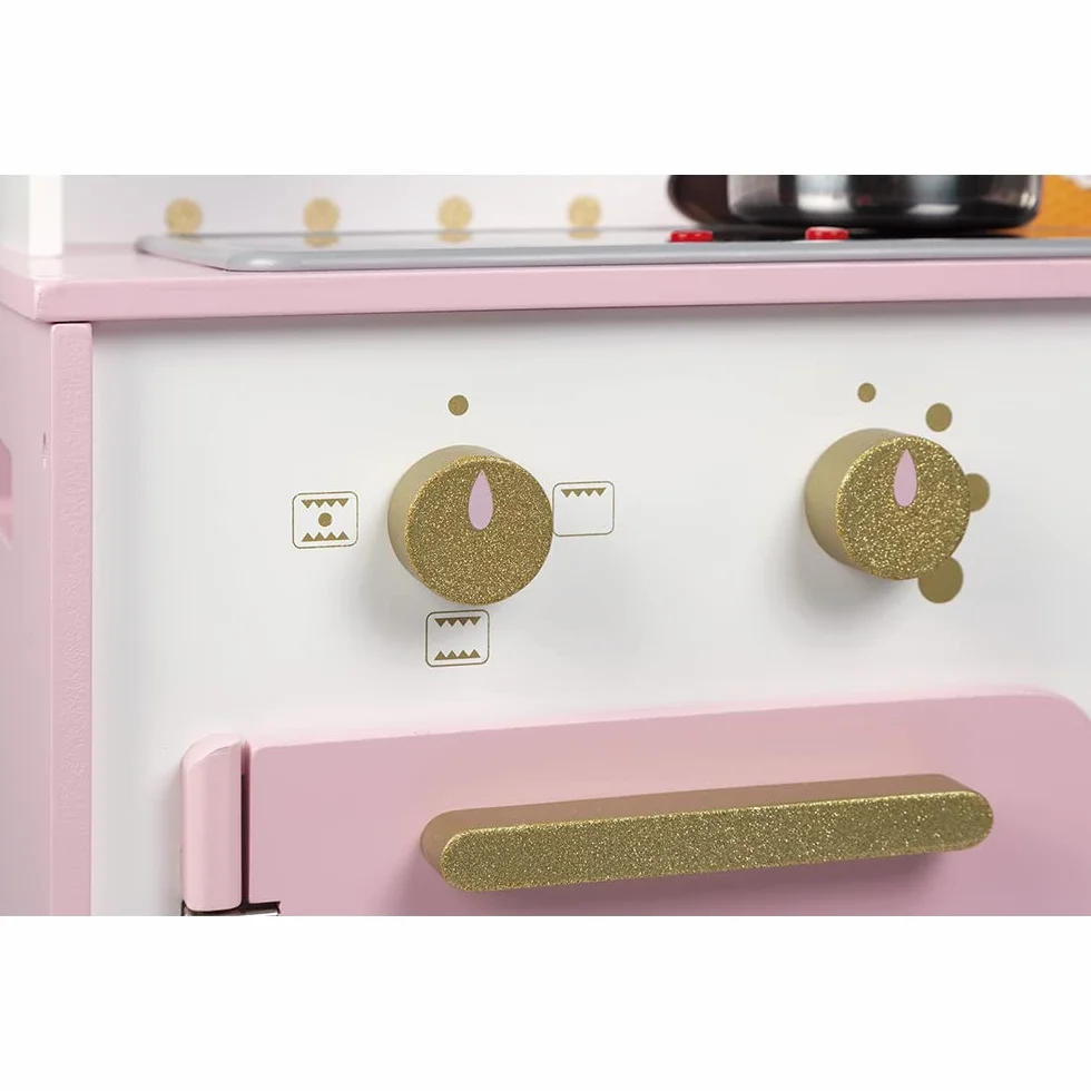 Janod - Candy Chic Big Wooden Cooker for Children - Equipped with Fridge and Microwave, Sound and Light - Pretend Play - 6 Accessories Included - For children from the Age of 3, J06554, Pink and White