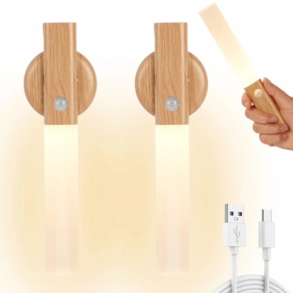 HOTUT Kinkiet Magnetyczny 2 szt. Ładowany USB z Czujnikiem Ruchu - Wzór Drewna