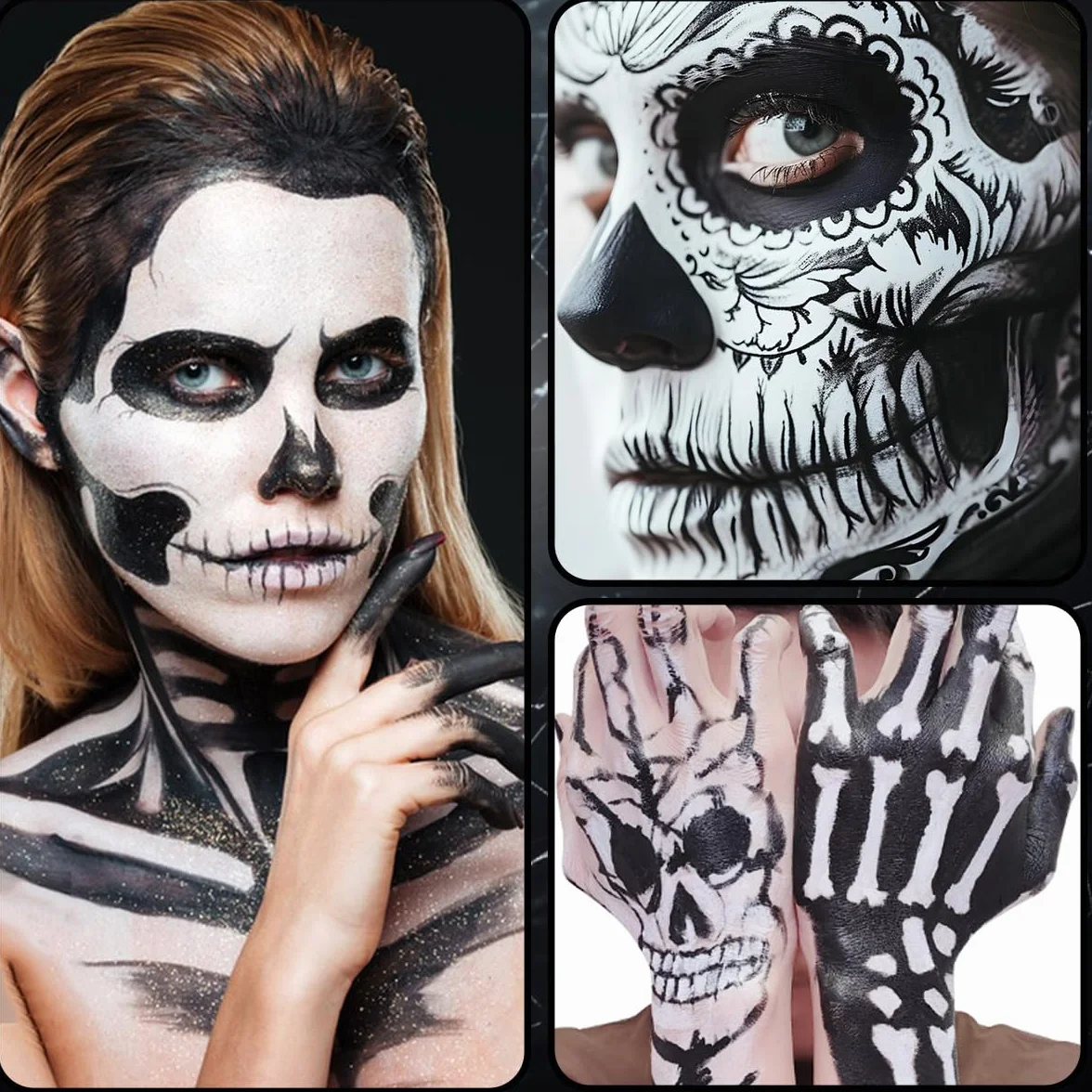 Makijaż na Halloween, 140 g, czarno-biały (70 g na sztukę), z 2 pędzlami + 2 pudrem pudru, farba do twarzy na Halloween, do makijażu teatralnego, szkieletu, zombie, wampira, makijażu karnawałowego