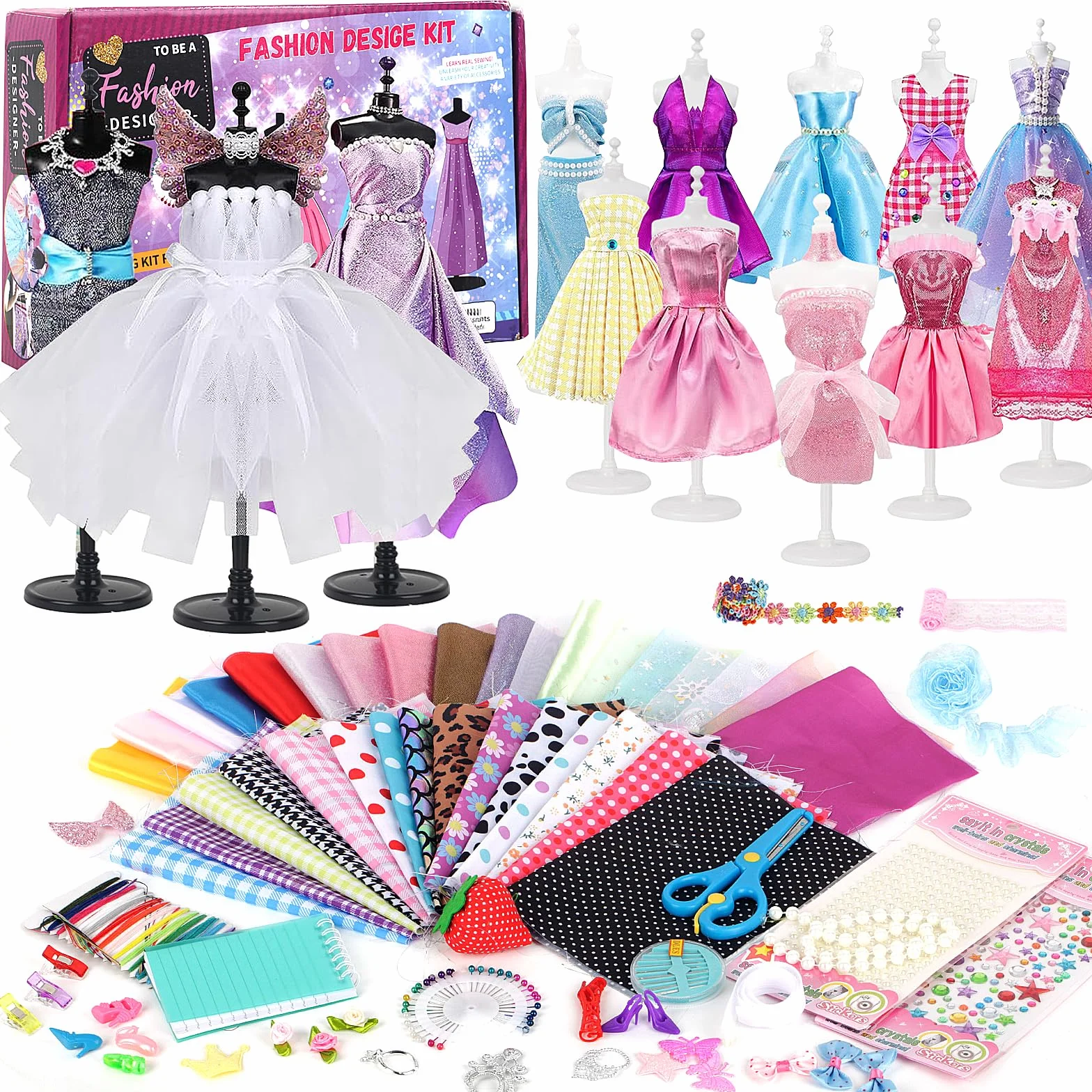 YOCOLE 1000+ zestaw do majsterkowania dla dzieci, modny design, zestaw do szycia z 5 manekinami, zestaw "zrób to sam" z nożyczkami do materiału, manekin, rzemiosło artystyczne dla dziewczynek 8, 9, 10