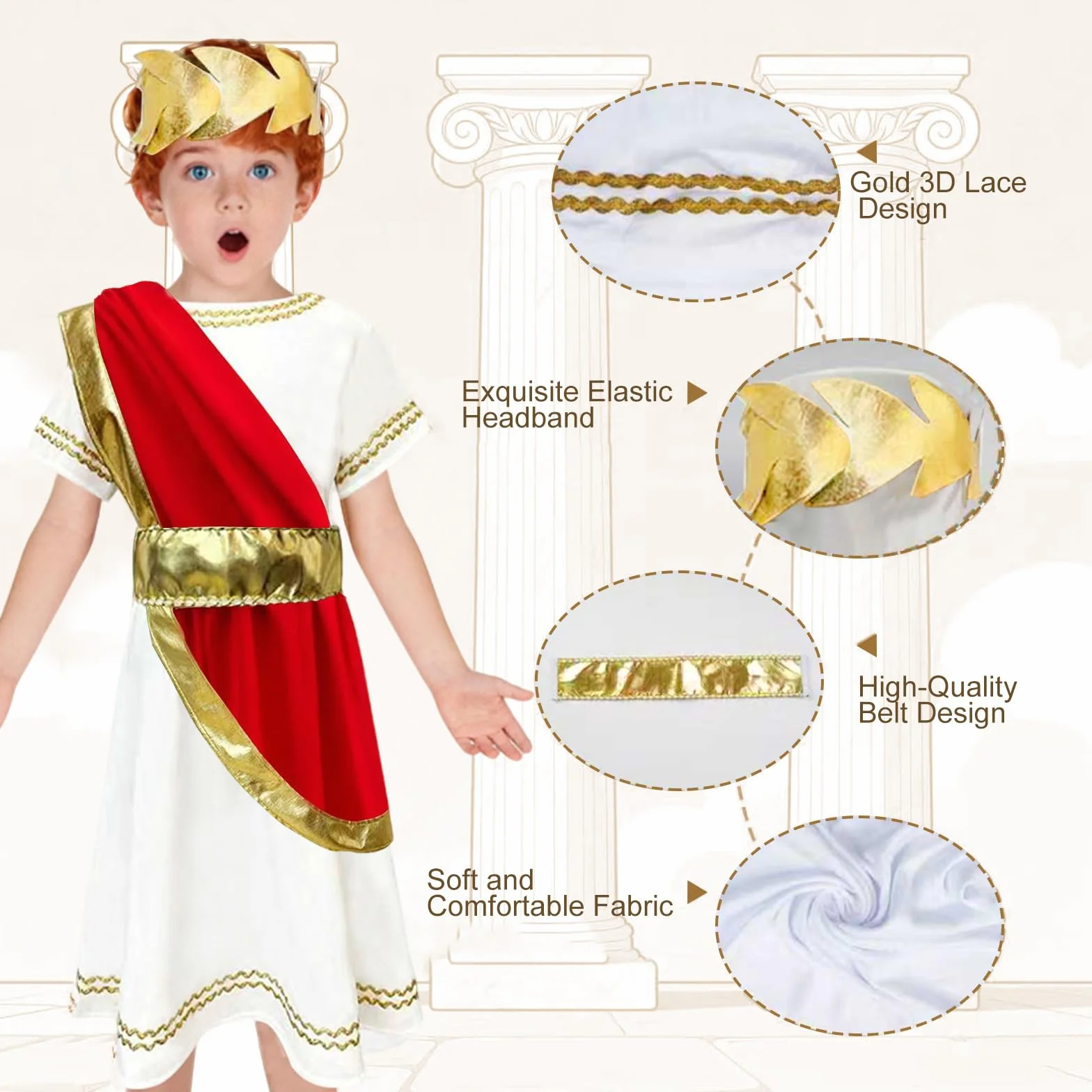 AOOWU Roman sukienka, 3 szt. Roman Toga kostium dla dzieci, rzymski kostium na cosplay, stroje na imprezę toga, Halloween, karnawał (S-L)