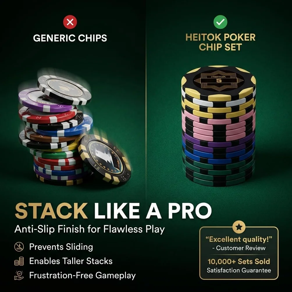 HEITOK Zestaw do pokera 300 żetonów 14g gliniane kompozytowe z metalowym rdzeniem, profesjonalna walizka aluminiowa, karty, kości i przyciski blind, kompletny zestaw Texas Holdem Casino