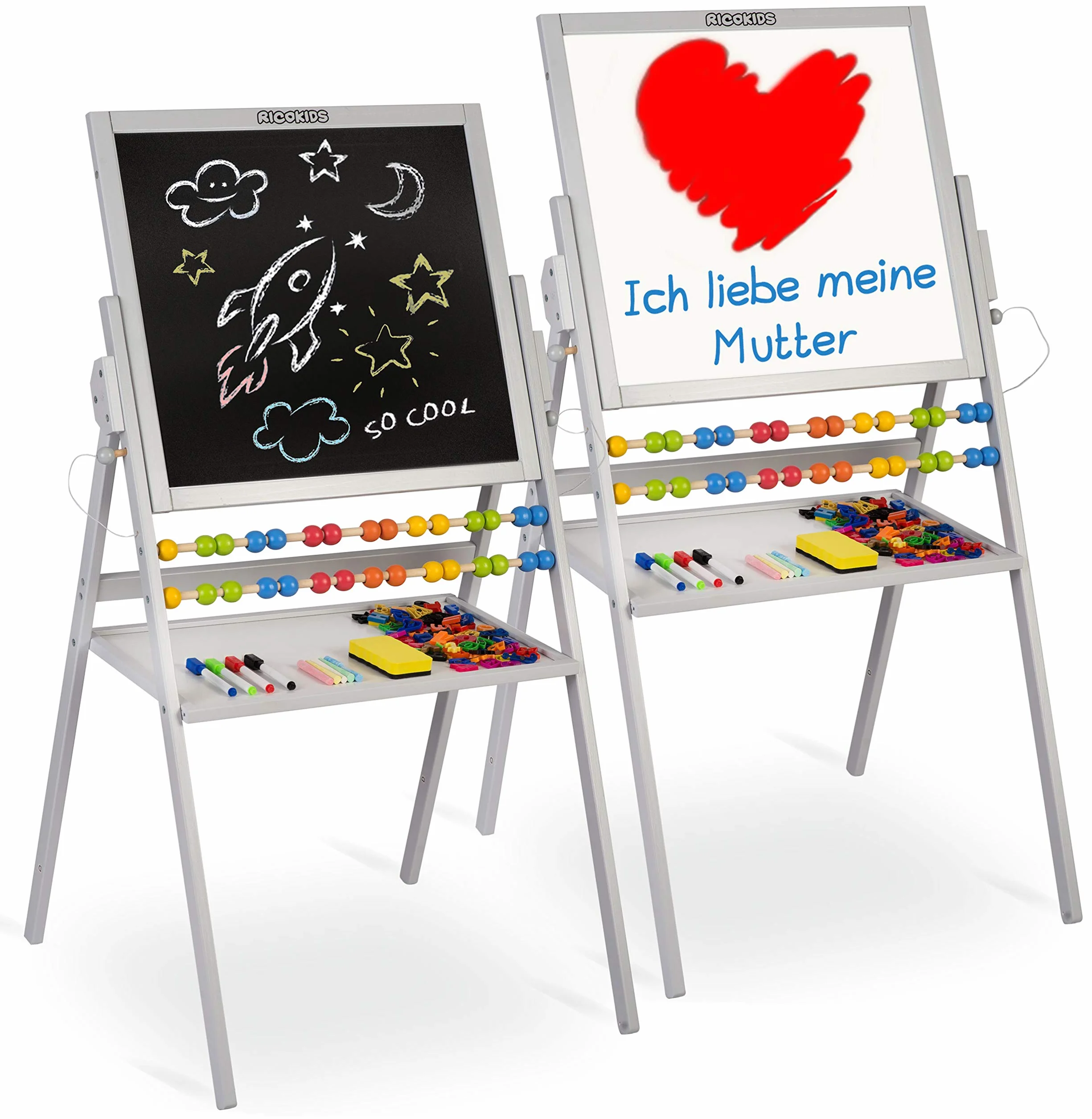 Ricokids Tablica Magnetyczna i Kredowa dla Dzieci - Tablica Dwustronna Obrotowa z Akcesoriami - Drewniana - 101 x 54 x 55 cm - Biała