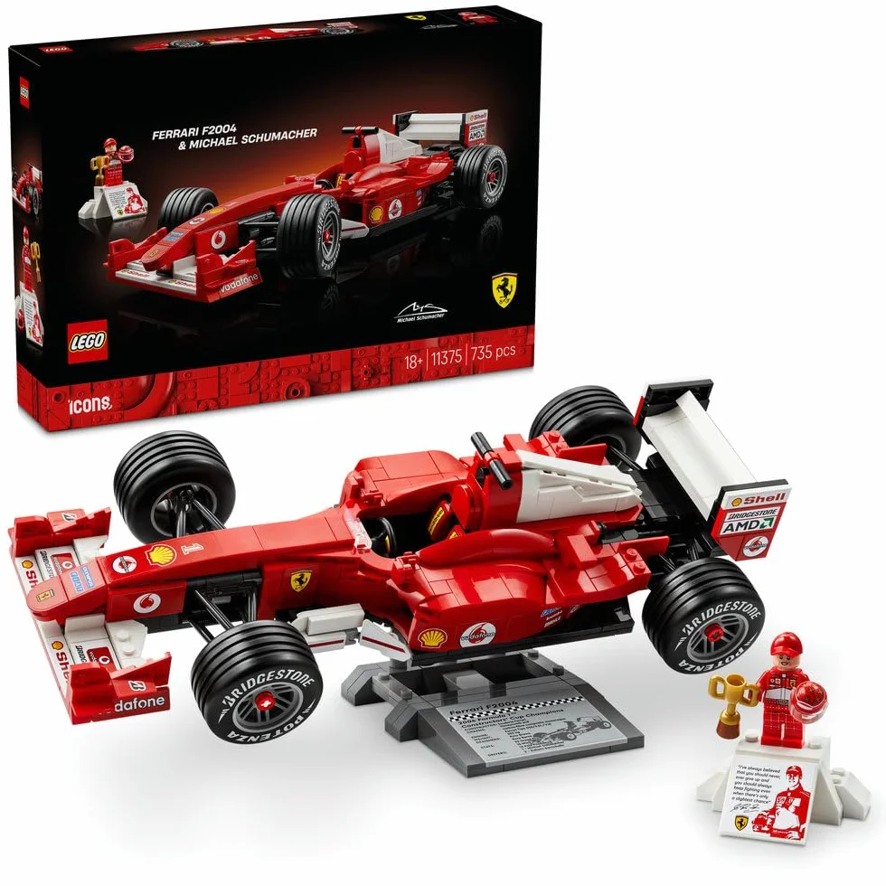 LEGO Icons Ferrari F2004 i Michael Schumacher, zestaw konstrukcyjny dla dorosłych z modelem bolidu F1, kolekcjonerski samochód wyścigowy, pomysł na prezent dla mężczyzny i kobiety 11375