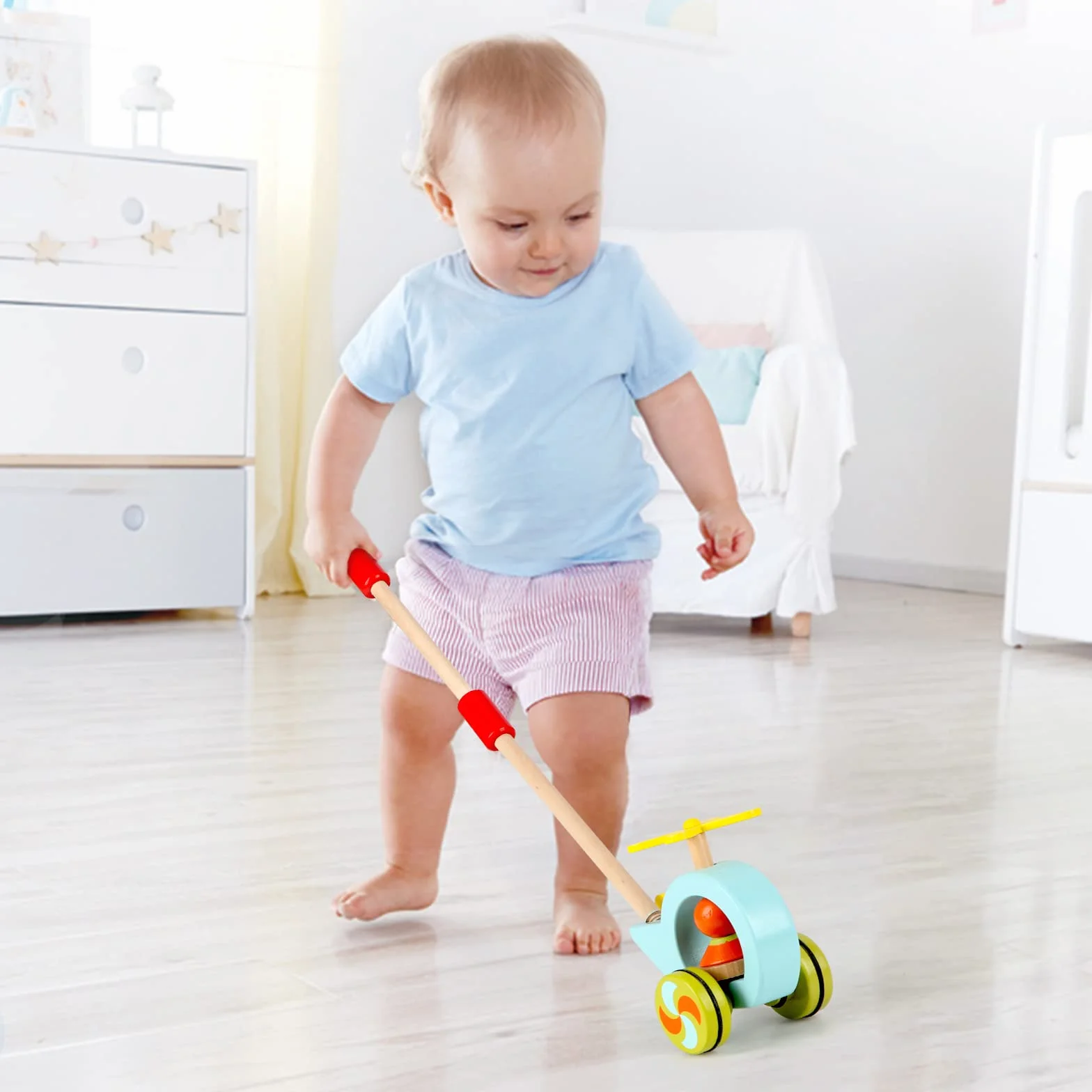 Jacootoys Drewniany Push Pull Wzdłuż Dziecka Chodzenie Helikopter Gracz Dzieci Zabawka ze zdejmowanym kijem 24 cale