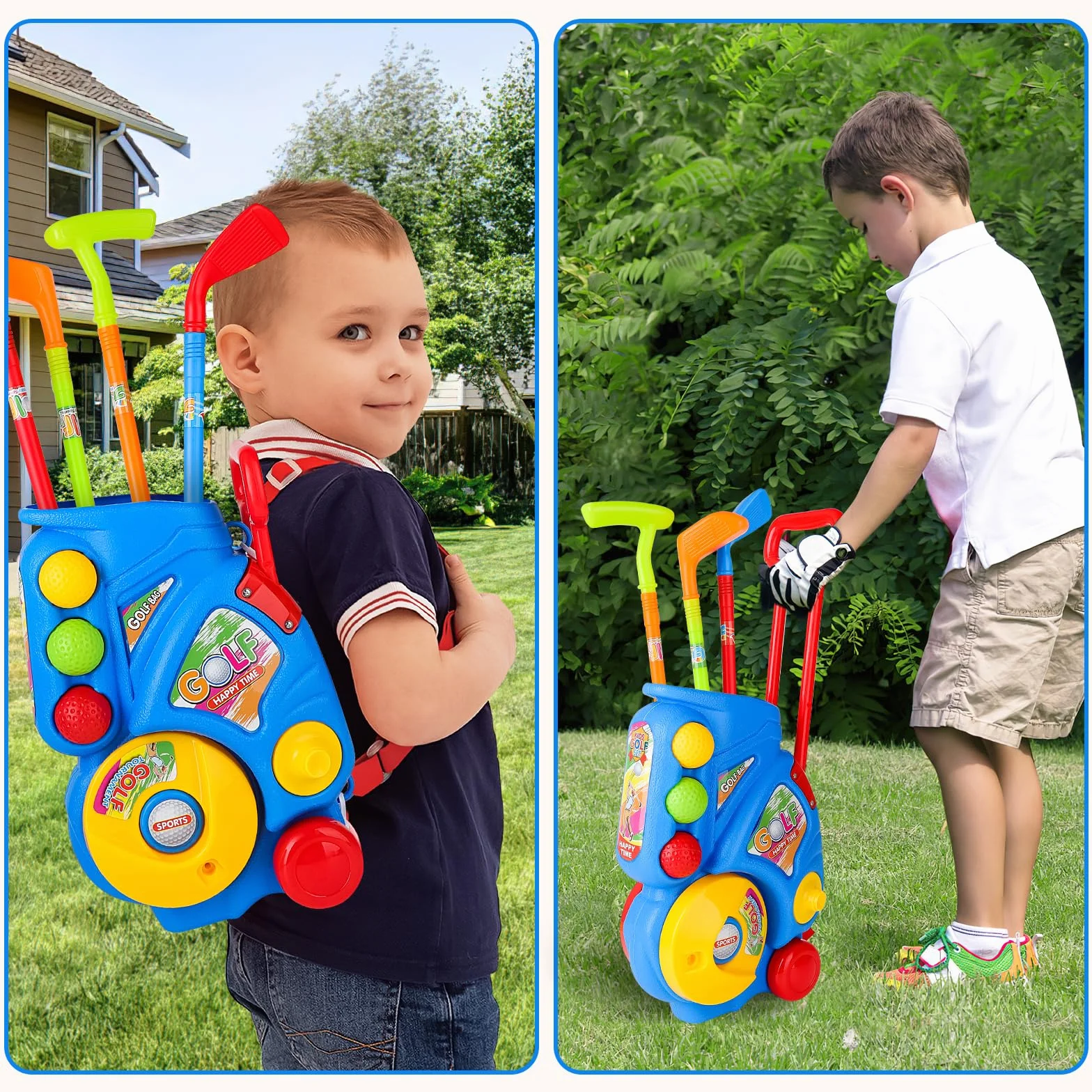deAO Zestaw golfowy dla dzieci, w zestawie mata do golfa, 4 putter golfowe 60 cm, 6 piłek golfowych, zabawka dla malucha, zabawka do użytku wewnątrz i na zewnątrz, prezent urodzinowy dla chłopców i