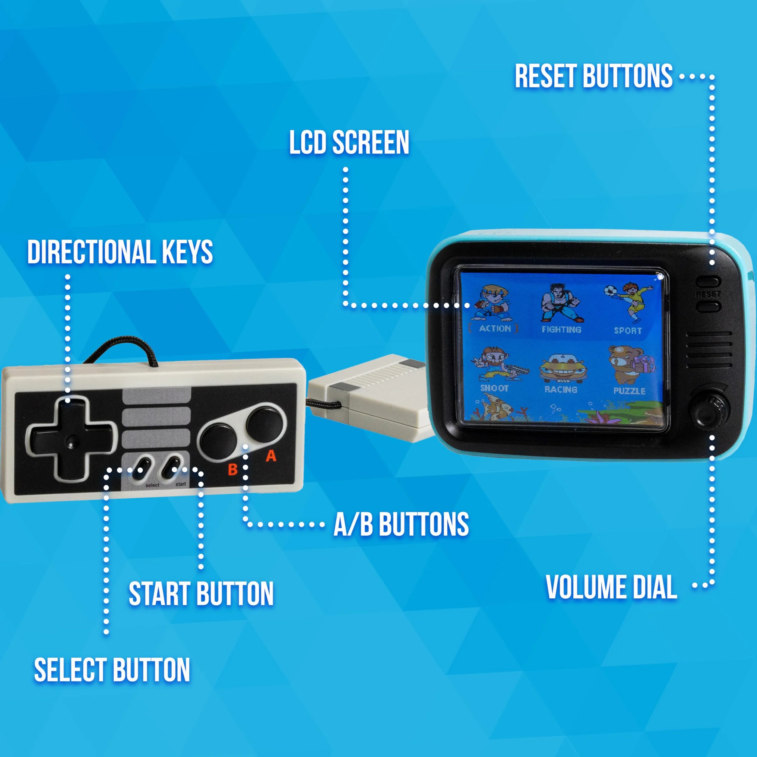 Silvergear® Mini TV Retro Video Game, analogowa konsola kieszonkowa w stylu retro, z 240 klasycznymi grami, przenośna konsola do gier, 61 x 64 x 94 mm, niebieska