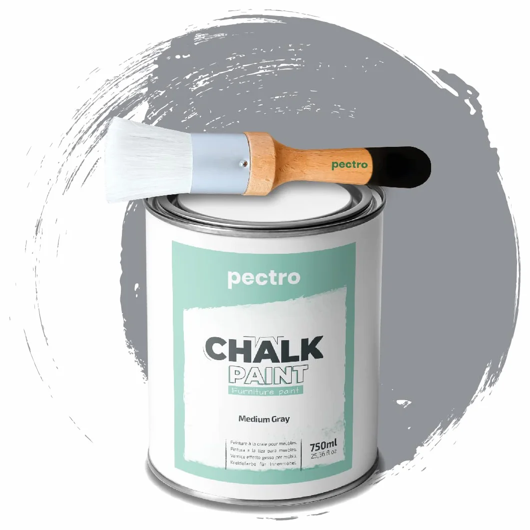Paczka farb kredowych do mebli 750 ml + pędzel malarski specjalnie do Chalk Paint - lakier do mebli naturalny efekt kredy - farba do drewna (średni szary)
