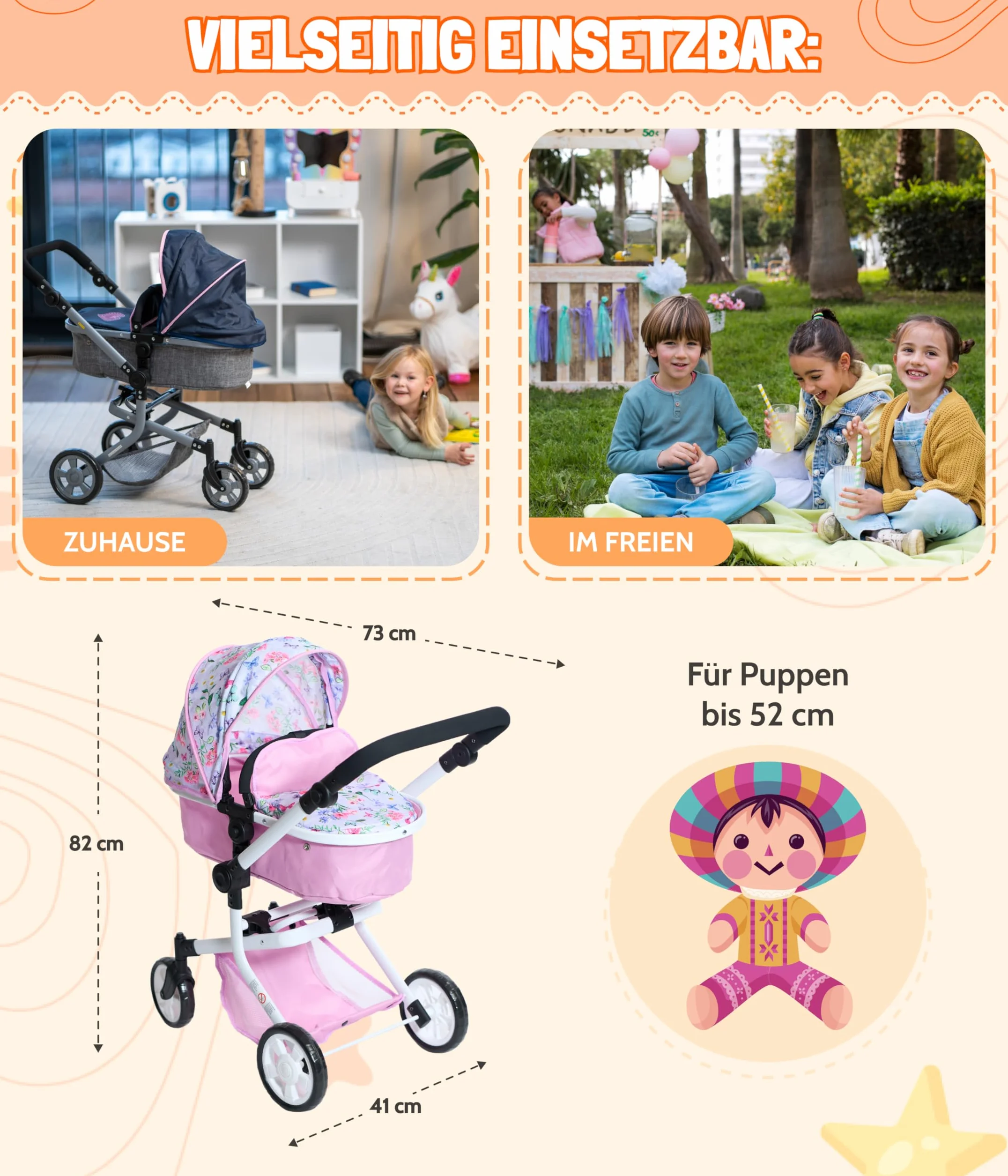 Bayer Chic 2000 Mika wózek dla lalek 2 w 1, różowy, składany, z regulacją wysokości 47-80 cm, nowoczesny stelaż, lalki do 52 cm, 4-8 J.