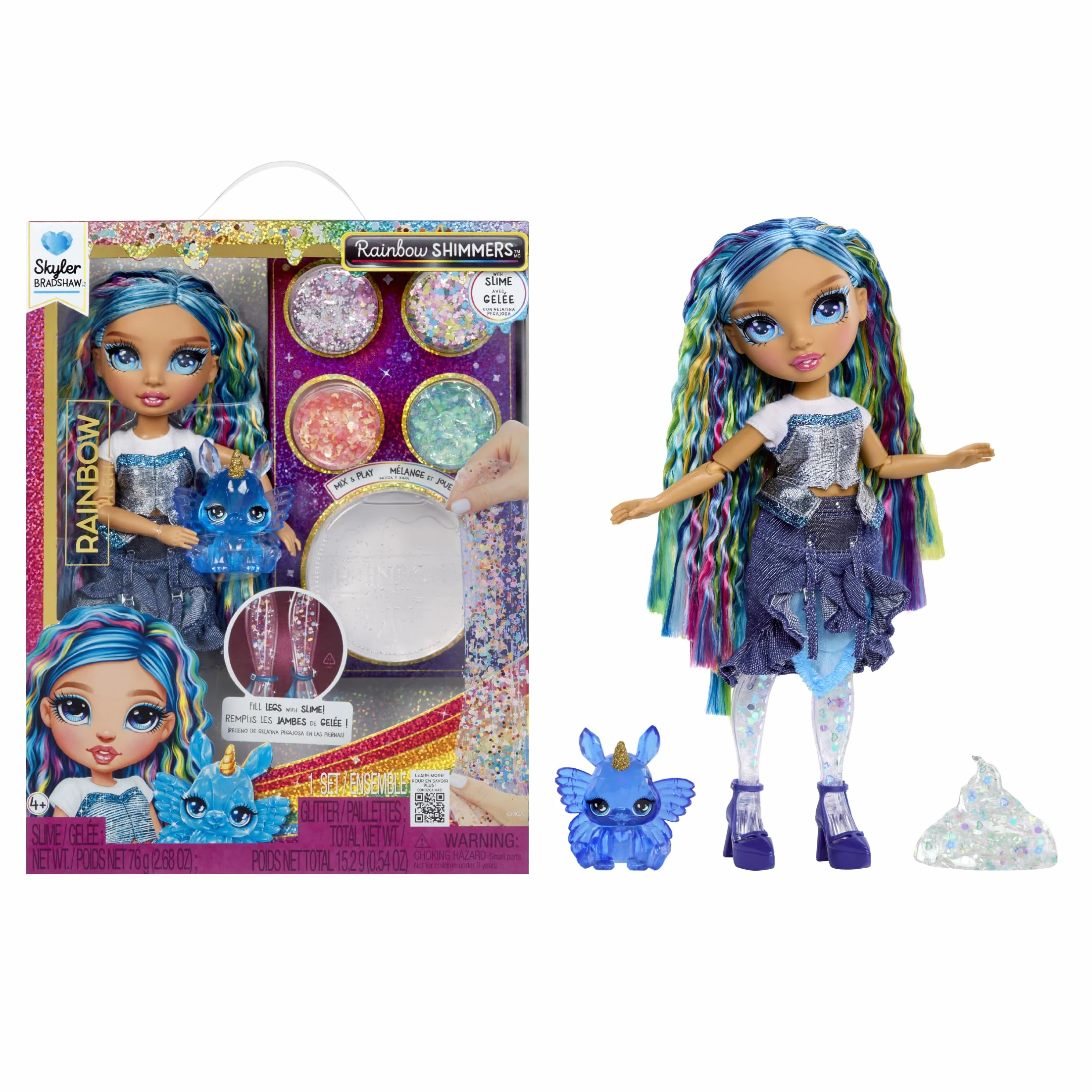 Rainbow High Rainbow Shimmers with Slime - Skyler, Niebieska - 28 cm Modna Lalka z Zestawem Slime i Króliczkiem, Odpowiednia dla Dzieci od 4. Roku Życia