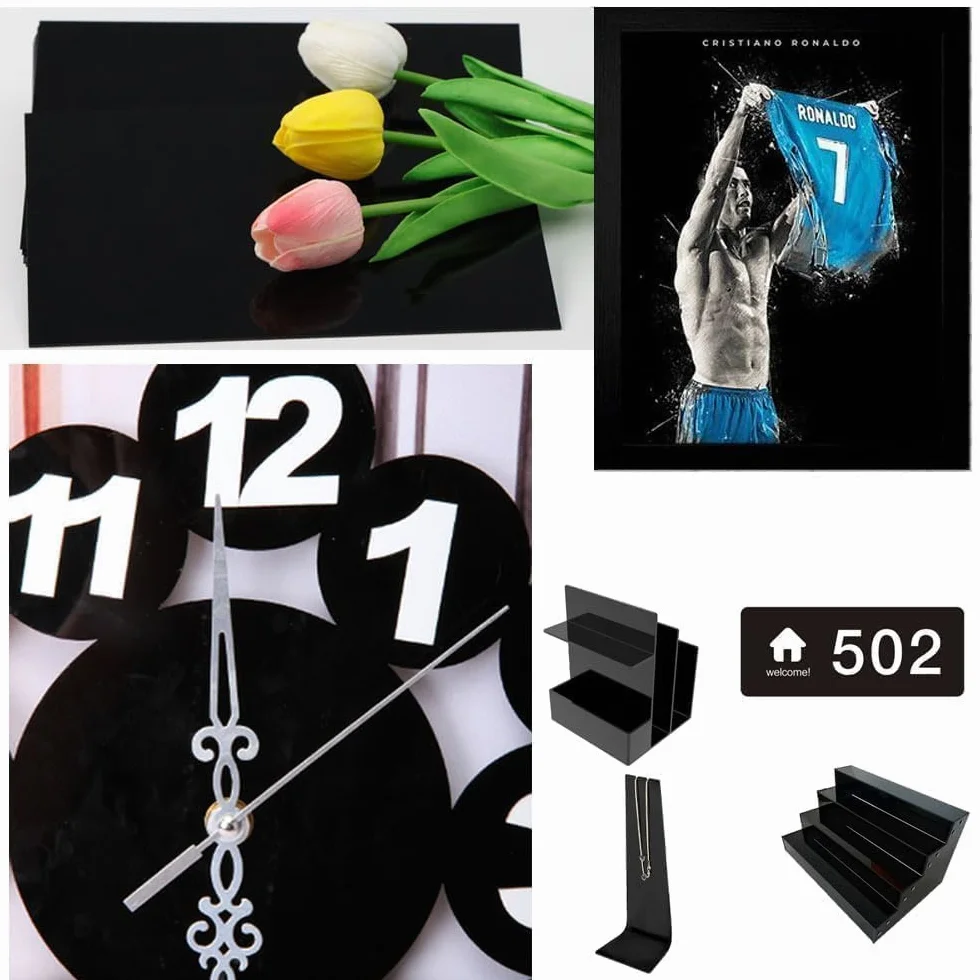 6 czarnych płyt akrylowych A4, czarne płyty akrylowe, kwadratowe, 1 mm, do cięcia laserowego, akrylowe, płyty z tworzywa sztucznego, do tabliczek, projektów DIY, do majsterkowania, malowania
