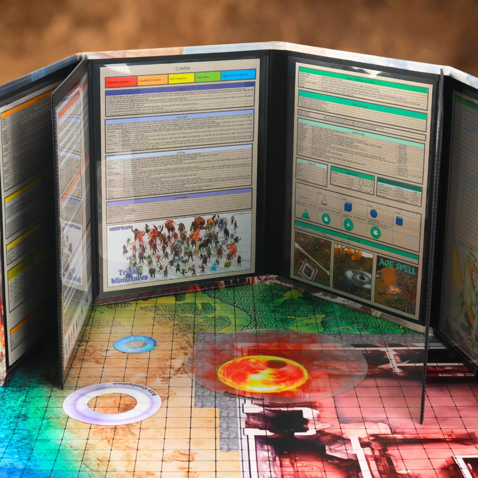 DND 5e DM ekran 8-panelowy sztuczna skóra deluxe z kołyszącymi się kieszeniami na mokro i Dungeon Master Cheat Sheets Dungeons and Dragons GM Terrain Accessories D&D prezent dla mistrzów gier TTRPG