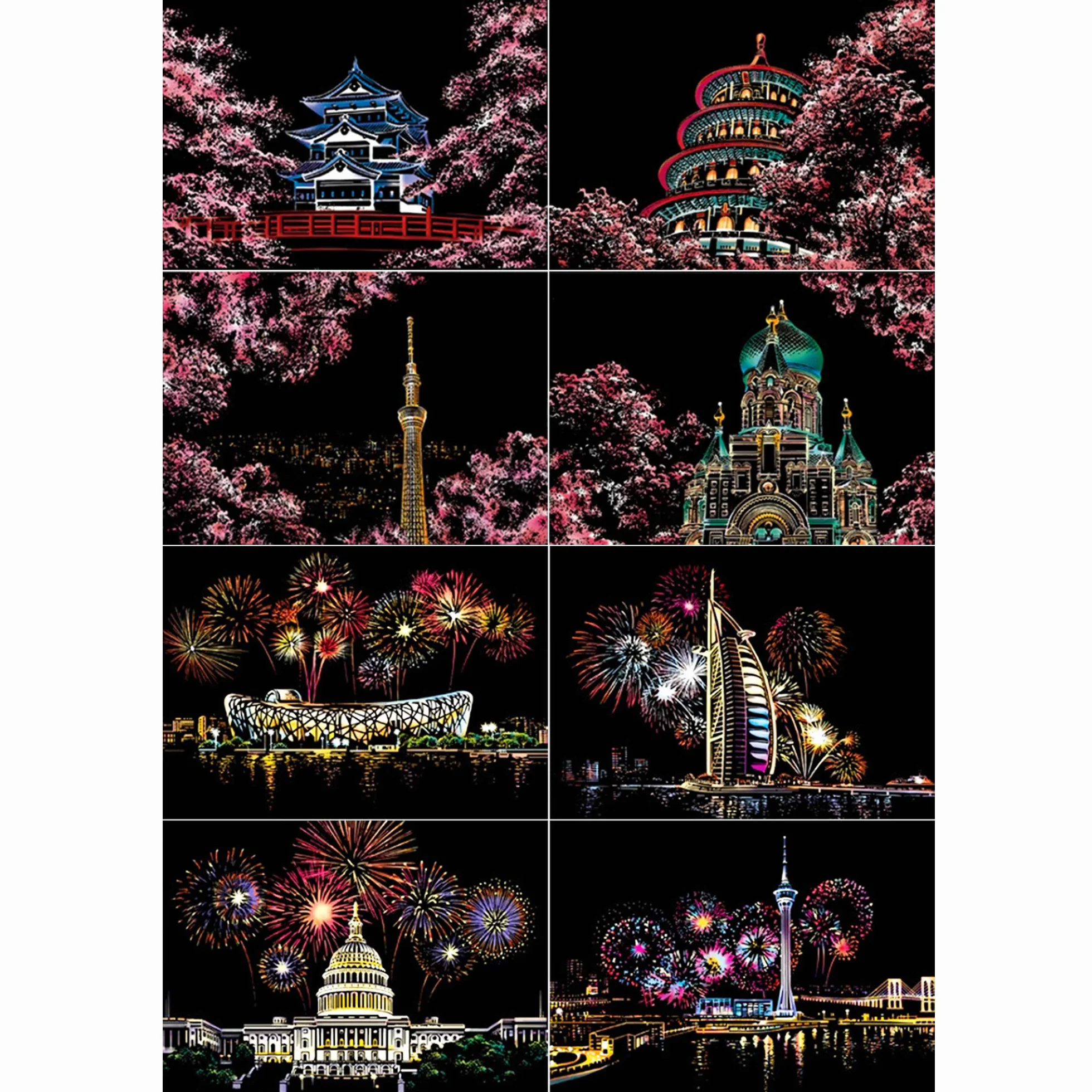 Scratch Paper Rainbow Painting Sketch, City Series Night Scene, Scratch Painting Creative Gift, Scratchboard dla dorosłych i dzieci z 4 narzędziami (8 szt.)