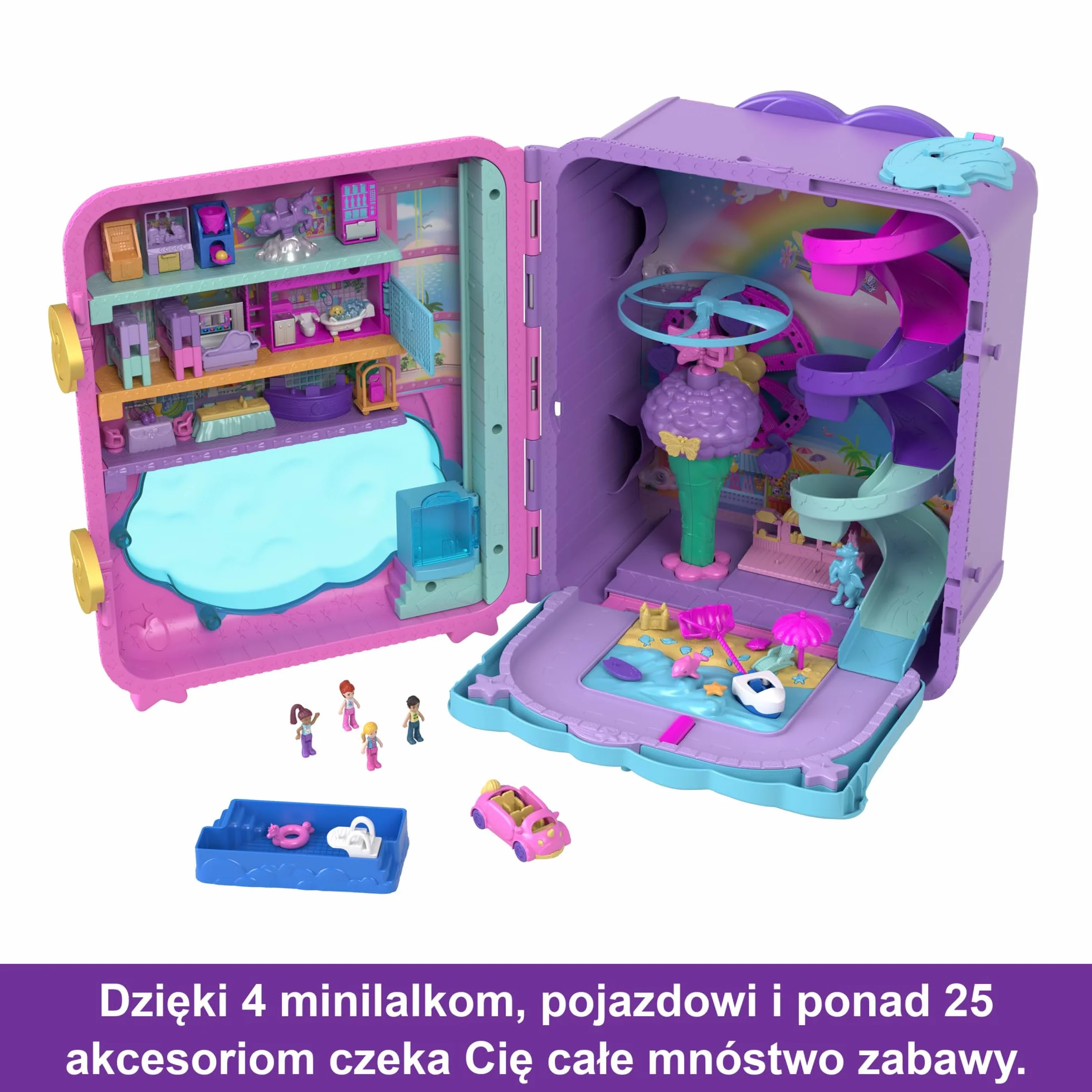 Polly Pocket Wakacyjny kurort Zestaw Walizka z 4 lalkami, 1 pojazdem i ponad 25 akcesoriami, HKV43