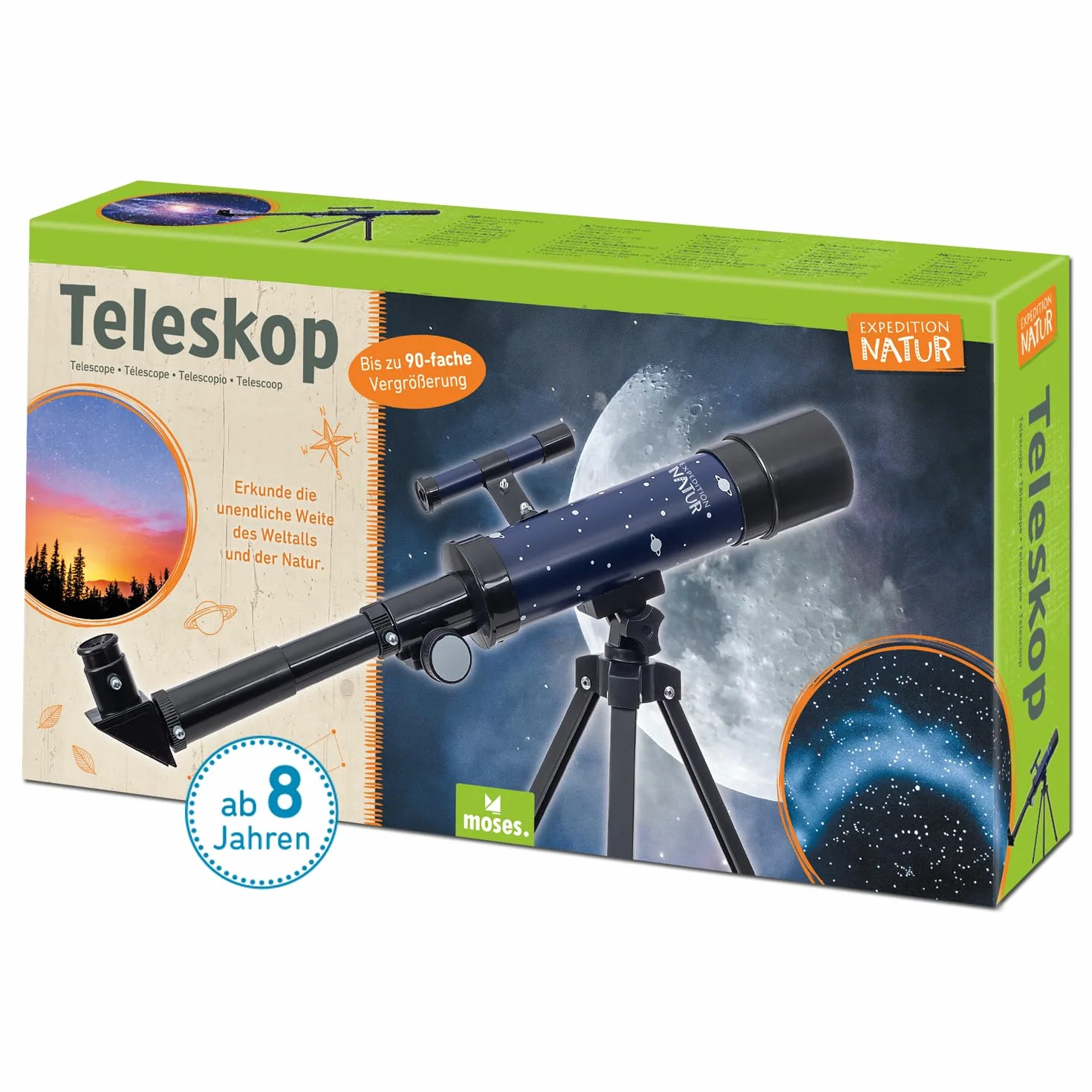 moses. Expedition Natura teleskopowy, zestaw startowy dla dzieci z powiększeniem do 90-krotnego powiększenia, teleskop dla początkujących ze statywem, przenośny teleskop outdoorowy do podróży