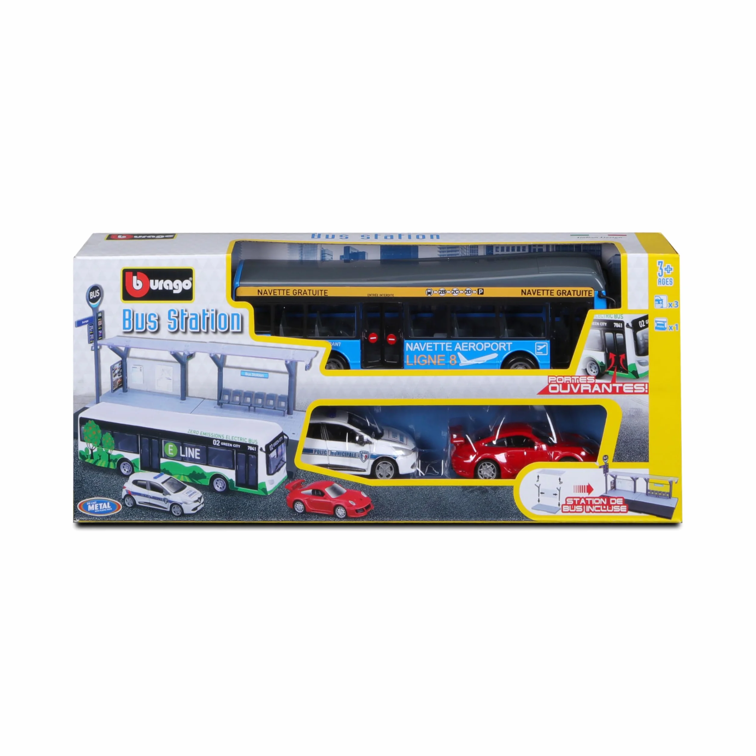 Bburago - Playset Public Transport w skali 1/64 - autobus, tramwaj, stacja + 2 pojazdy - Zabawka edukacyjna dla dzieci - modele losowe - Rozwija wyobraźnię i kreatywność