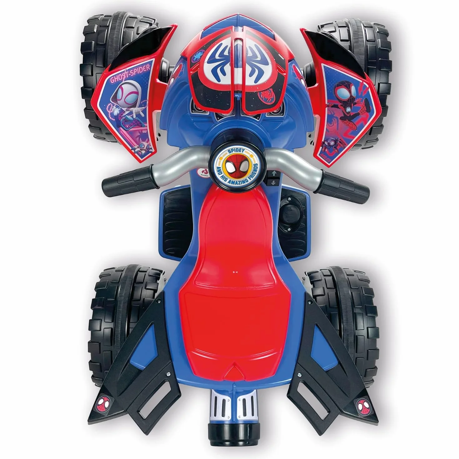 INJUSA - Quad elektryczny The Beast Spiderman, dla dzieci od 2 do 4 lat, akumulator 12 V, pedał przyspieszenia, bieg wsteczny i plastikowe koła, maksymalna prędkość 6 km/h, kolor niebieski