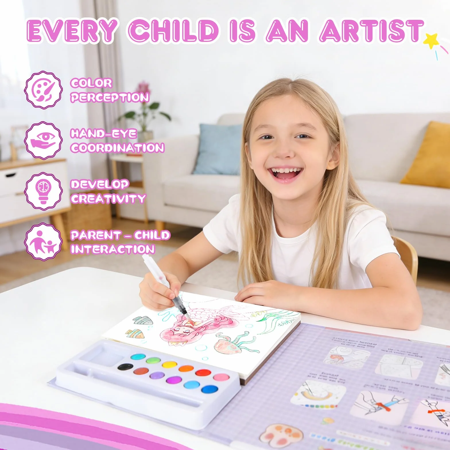 VIBINHO Kolorowanka z akwarelami dla małych dzieci w wieku od 3-8 lat (mała syrenka)