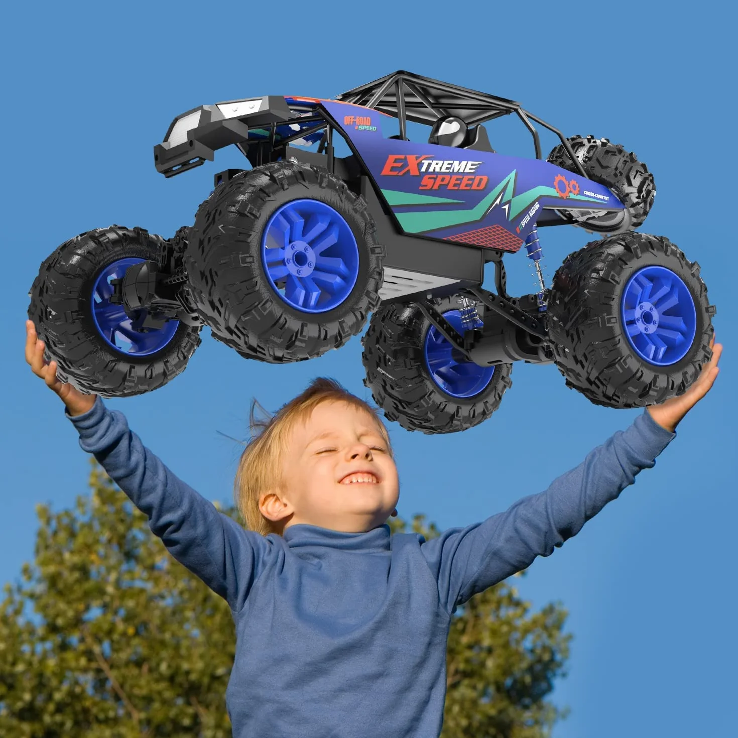 DEERC Duże samochody zdalnie sterowane 1:8 Off-Road Monster Truck z realistycznym dźwiękiem, 2,4 GHz 4WD Rock Crawler zabawka na każdy teren, 2 baterie na 80 minut zabawy